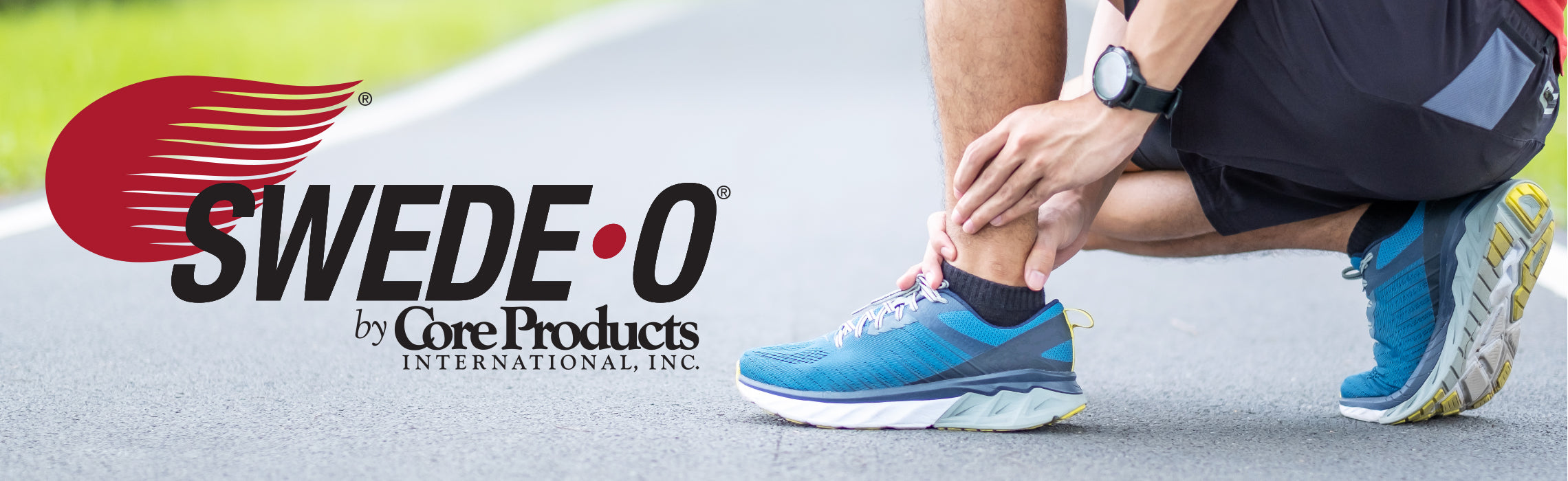 Runner holding ankle on a road wearing blue running shoes, with visible text “SWEDE-O by Core Products International, Inc.”, representing ankle pain, injury, and joint support for active lifestyles. Provide your feedback on BizChat