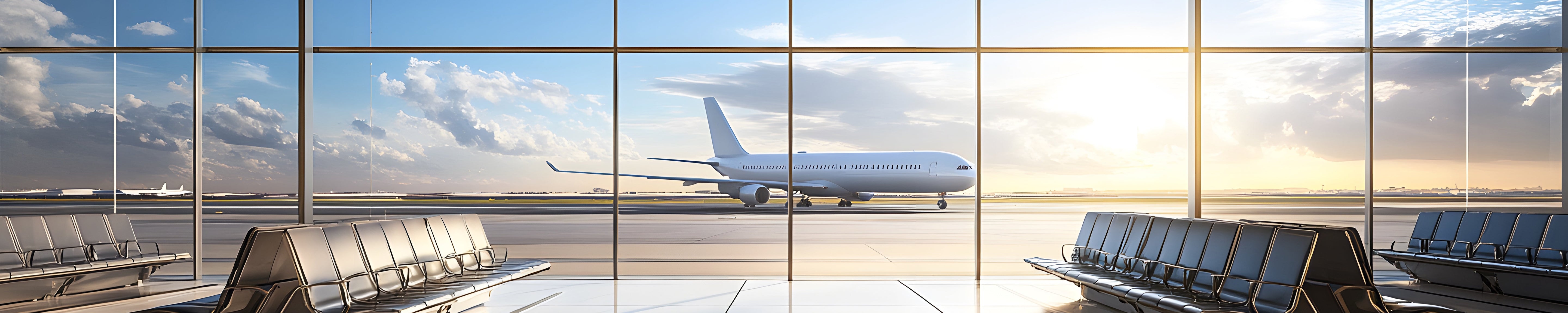 Airplane parked outside large airport terminal windows with empty seating area inside overlooking the runway at sunrise or sunset.