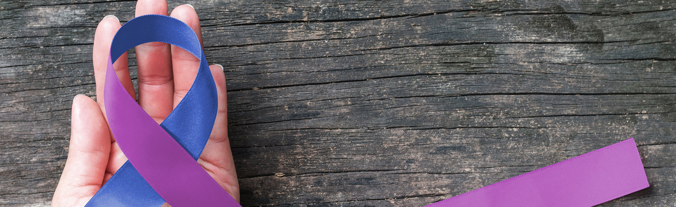 11. Close-up of a hand holding a purple awareness ribbon against a rustic wooden surface background, with an additional purple ribbon partially visible on the right side. The image symbolizes support for causes such as Arthritis. No visible text.