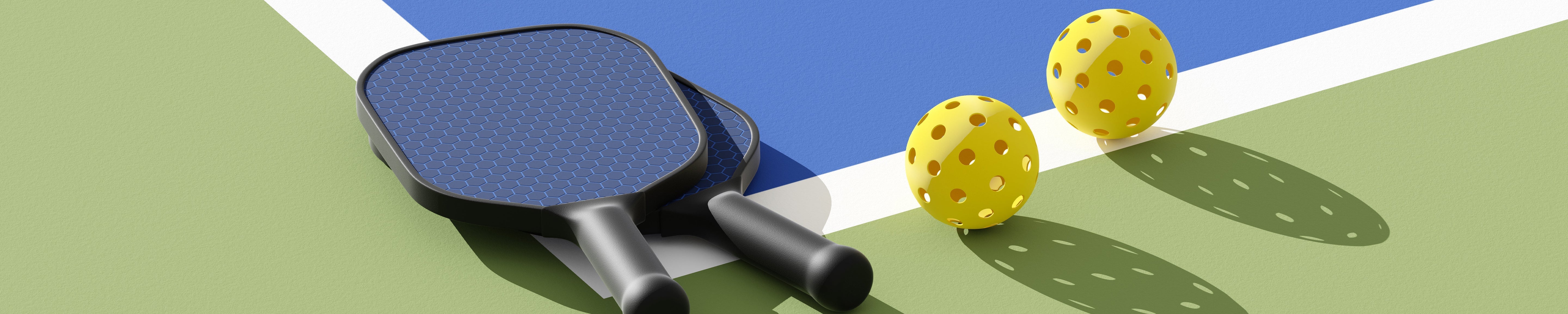 Illustration of 2 blue pickleball paddles & yellow pickleballs on a court surface, representing active recreation & healthy aging. Visible text reads: “WHY PICKLEBALL IS THE PERFECT SPORT FOR HEALTHY AGING.