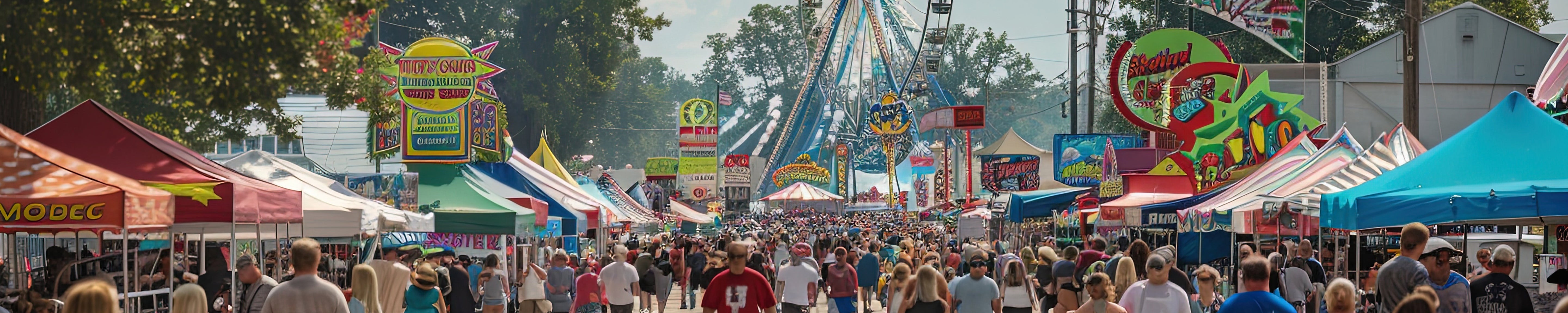 Busy outdoor fair scene with crowded midway, colorful vendor tents, and large amusement rides including a Ferris wheel and swinging ride; vibrant signage and booths line both sides. No clearly readable text.