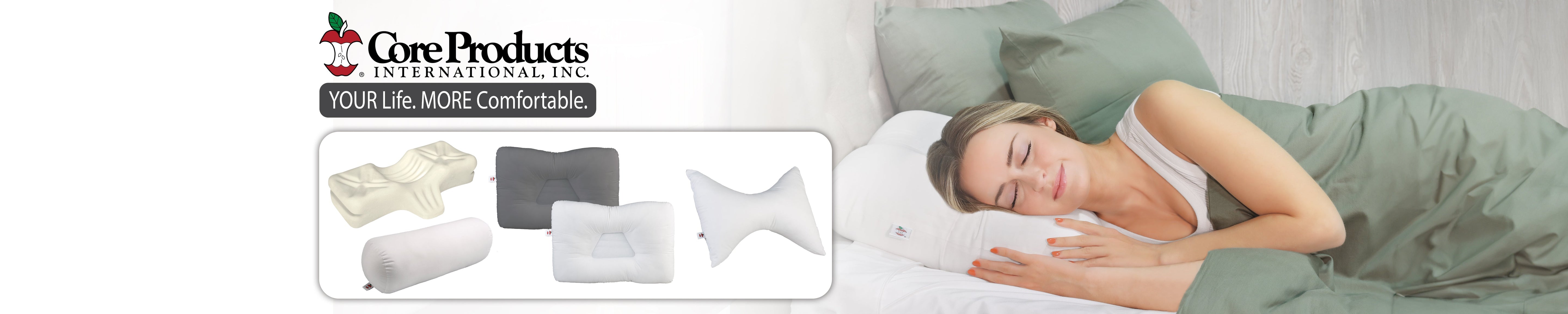 Image of female sleeping on tri-core pillow with another image of several ortho pillows that are available
