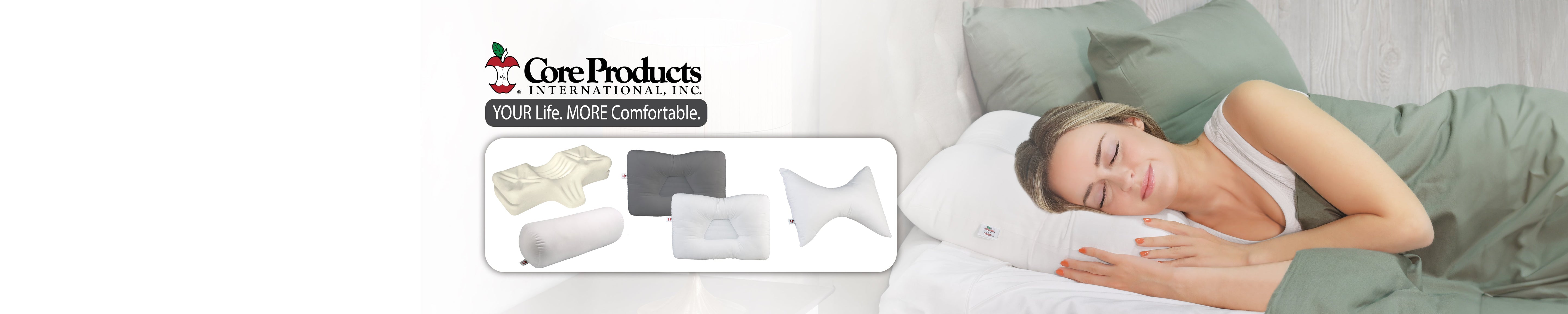 Image of female sleeping on tri-core pillow with another image of several ortho pillows that are available