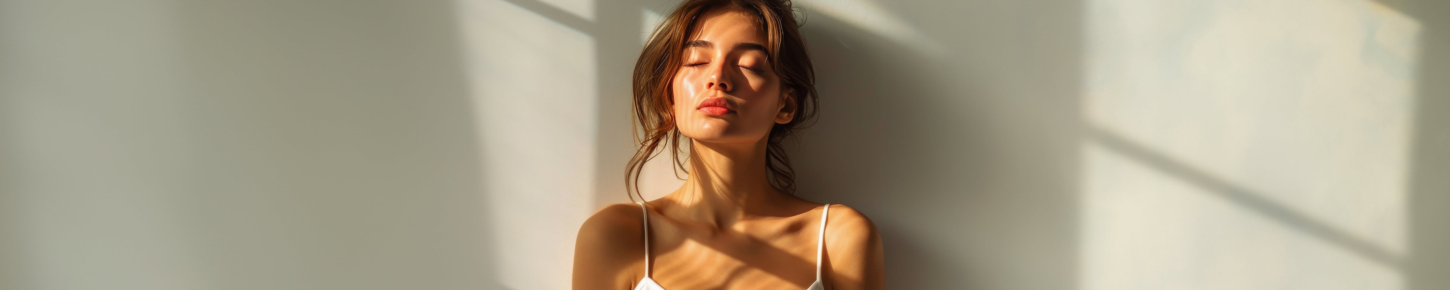 Close-up of a person in soft natural sunlight, leaning against a wall with eyes closed and wearing a white top; warm shadows create a calm, minimalist lifestyle and wellness scene. No visible text.