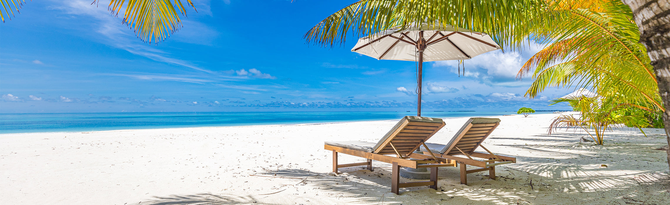 Tropical beach scene with lounge chairs and a sun umbrella set on white sand beside clear blue ocean water and palm trees.