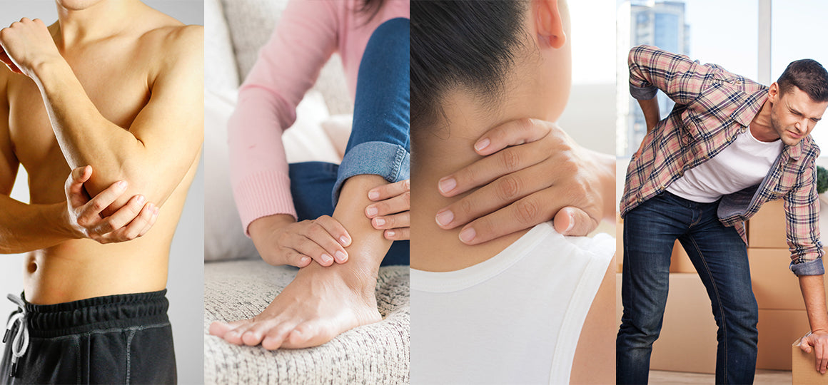 Collage showing four people touching elbow, ankle, neck, and lower back to illustrate common joint and muscle pain. No visible text or branding.