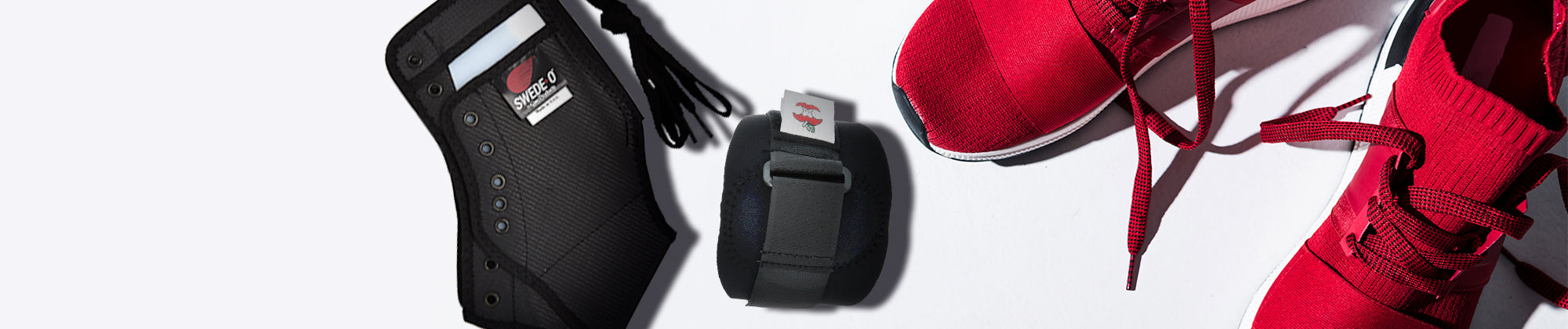 Core Products Swede-O ankle brace and Swede-O tennis elbow brace displayed next to red tennis shoes on a neutral background; no visible text, highlighting support, stability, and injury prevention for active lifestyles.