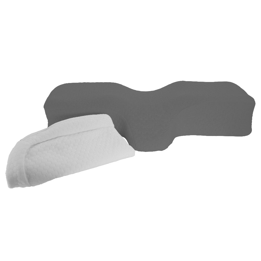 Therapeutica ergonomic contour neck pillow is designed to support proper neck and shoulder alignment during sleep. The image shows the sculpted orthopedic pillow in gray bundled with an extra white cover that is placed in front, highlighting the fitted cover and contoured shape that supports side and back sleepers.