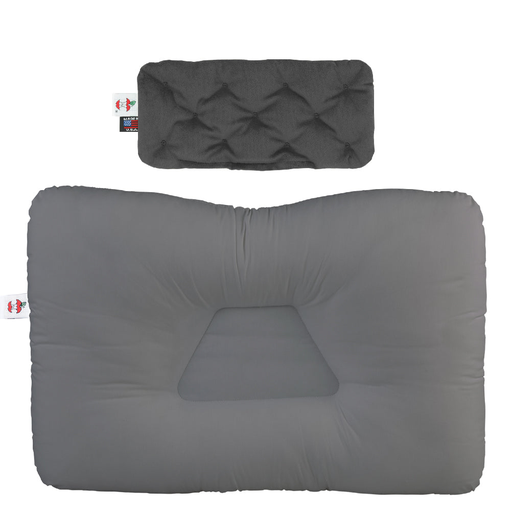 This is a bundle pack that includes our Core Products Tri-Core Cervical Support Pillow in gray designed to help support proper cervical alignment for back and side sleepers. The contoured pillow features a recessed center and supportive side lobes for neck support. Displayed above the pillow is a gray, 5" x 12" MicroBeads Moist Heat Therapy Pack. A side tag shows the Core Products logo with “Made in USA.”