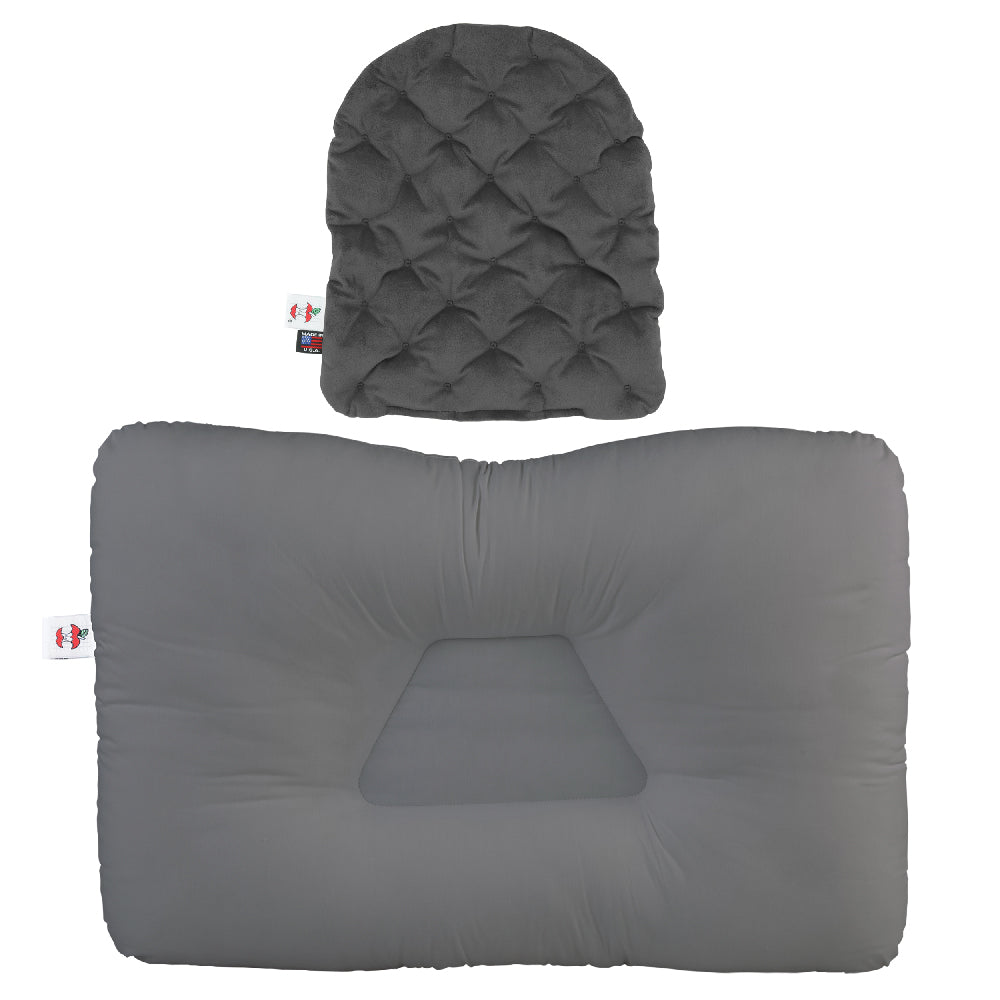 This is a bundle pack that includes our Core Products Tri-Core Cervical Support Pillow in gray designed to help support proper cervical alignment for back and side sleepers. The contoured pillow features a recessed center and supportive side lobes for neck support. Displayed above the pillow is a gray, 11" x 14" MicroBeads Moist Heat Therapy Pack. A side tag shows the Core Products logo with “Made in USA.”