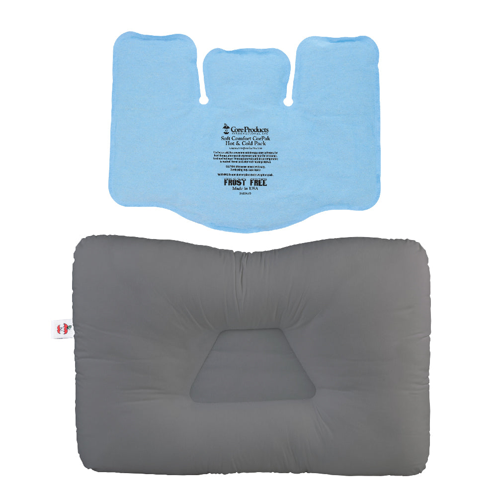 Front view of a gray rectangular therapy pillow with a center indentation for the head while back sleeping, shown with a blue Soft Comfort Hot/Cold pack above it. The Tri-Sectional size Hot/Cold pack reads: “Core Products International, Inc. Soft Comfort CorPak Hot & Cold Pack. Latex free. Use cold for swelling, hot for muscle relaxation. Consult healthcare professional before use. FROST FREE. Made in USA. This is a bundle pack.