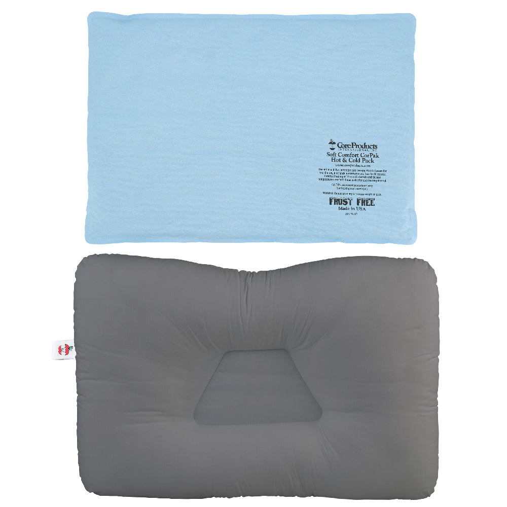 Front view of a gray rectangular therapy pillow with a center indentation for the head while back sleeping, shown with a blue Soft Comfort Hot/Cold pack above it. The X-Large size Hot/Cold pack reads: “Core Products International, Inc. Soft Comfort CorPak Hot & Cold Pack. Latex free. Use cold for swelling, hot for muscle relaxation. Consult healthcare professional before use. FROST FREE. Made in USA. This is a bundle pack.