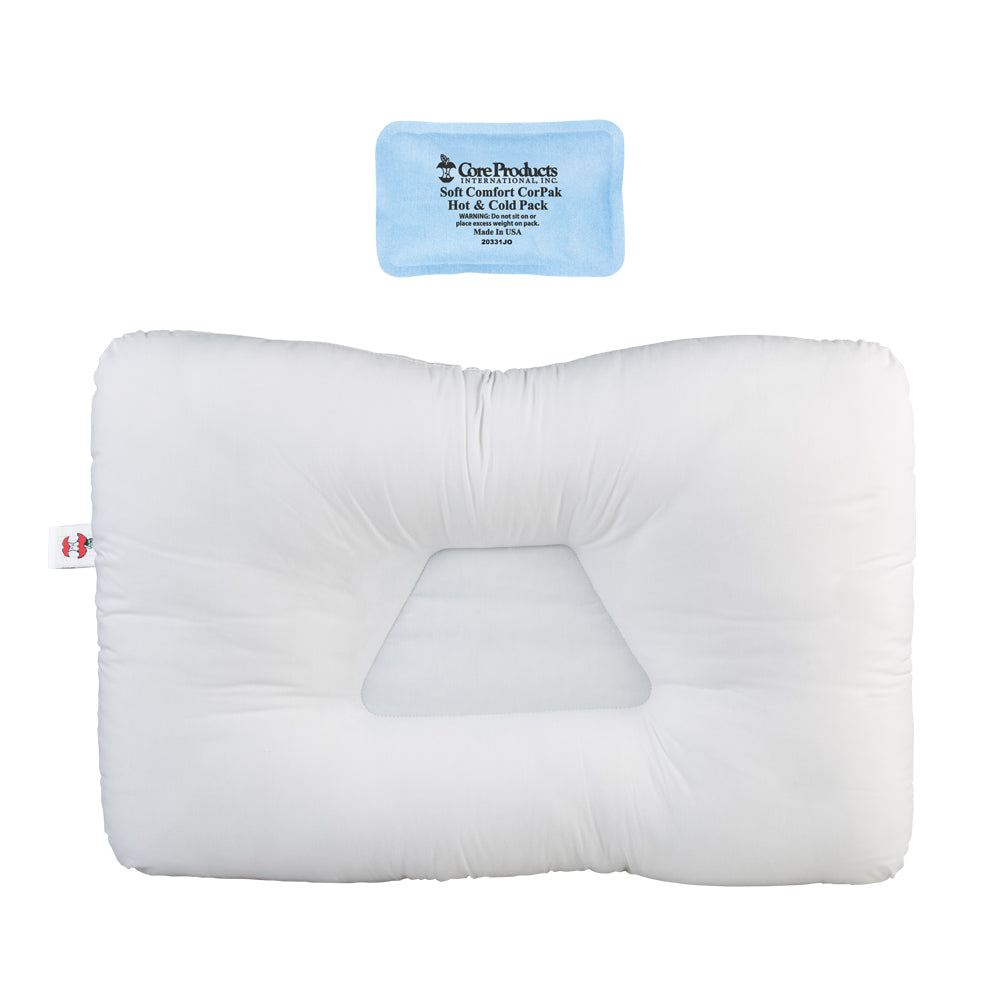 Core Products white Tri-Core Cervical Support Pillow bundled with a Small Soft Comfort CorPak hot and cold therapy pack. The gray orthopedic pillow features a recessed center and raised cervical support lobes. Visible text on the blue pack includes “Core Products International Inc.,” “Soft Comfort CorPak,” “Hot & Cold Pack,” “Reusable Product,” and “Made in USA.”