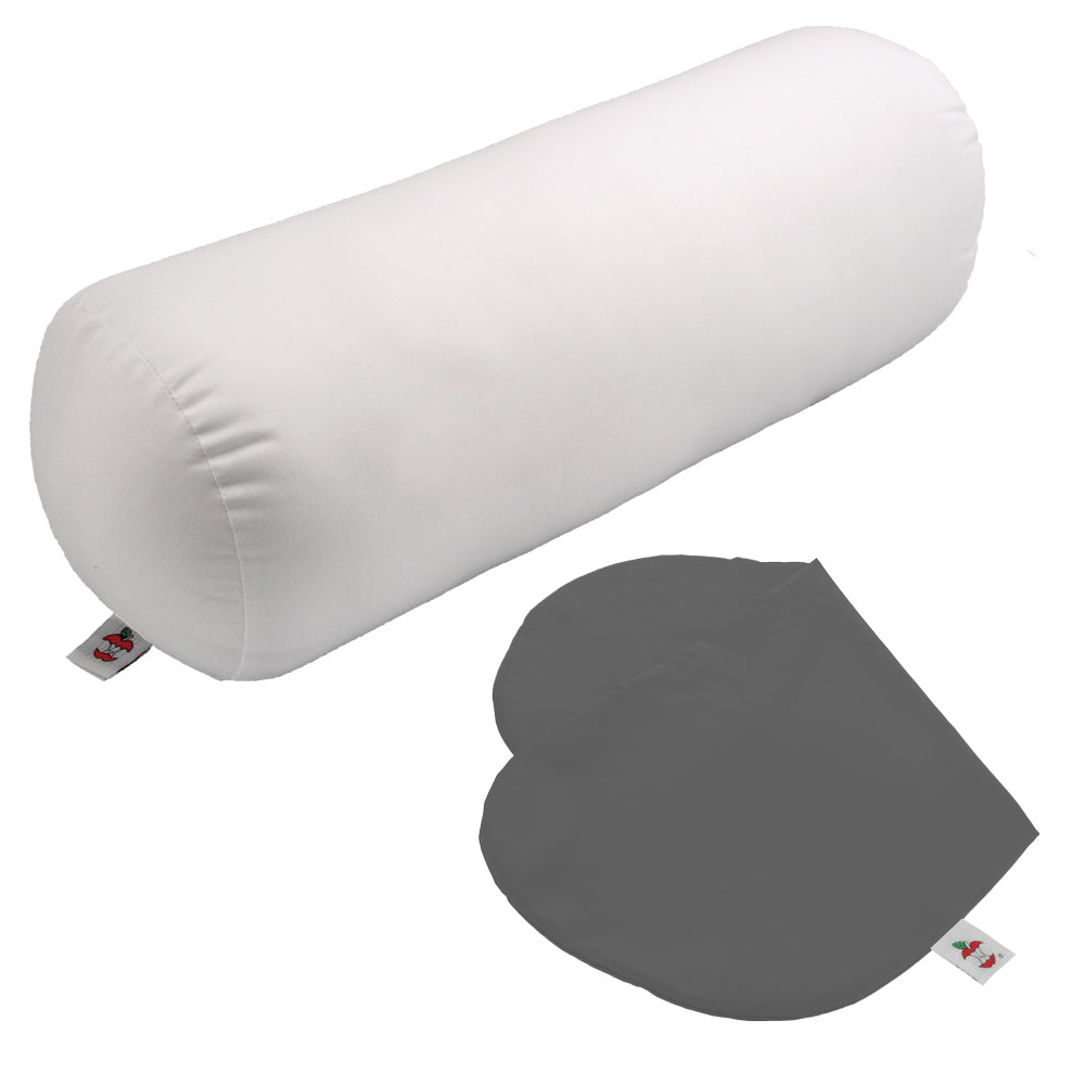 Core Products Jackson Roll support pillow shown with a white cylindrical roll and a separate gray cover on a white background. The Jackson Roll features a soft fabric exterior and Core Products logo tags. The removable gray cover provides an alternate color option while the positioning pillow offers versatile support for the neck, back, knees, and other areas of the body.