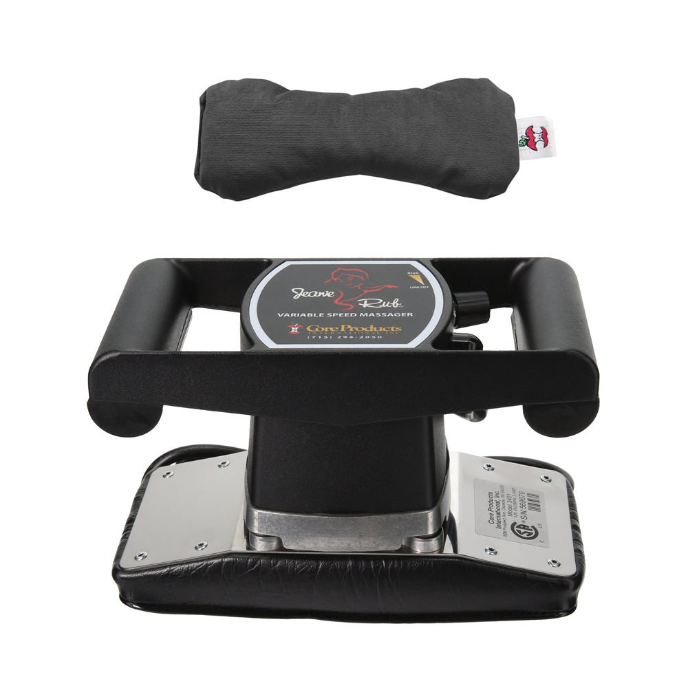 Core Products® Jeanie Rub® Variable Speed Massager and MicroBeads® Dry Eye Compress Moist Heat Bundle displayed together on a white background. The image features the Jeanie Rub® professional percussion massager below and the black MicroBeads® Dry Eye Compress above. The massager label reads “Jeanie Rub® Variable Speed Massager” and “Core Products.” This wellness bundle combines targeted massage therapy with soothing moist heat to help relieve muscle tension, eye fatigue, and everyday stress.