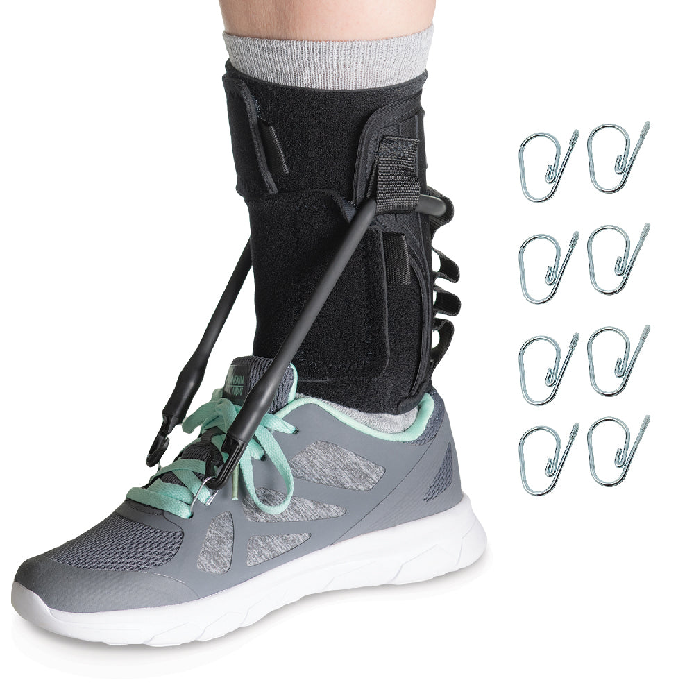 Image is showing an ankle with the FootFlexor brace on the ankle and attached to the shoe's eyelets with the tensioner cord. Additionally this bundle comes with (8) extra eyelet clips.