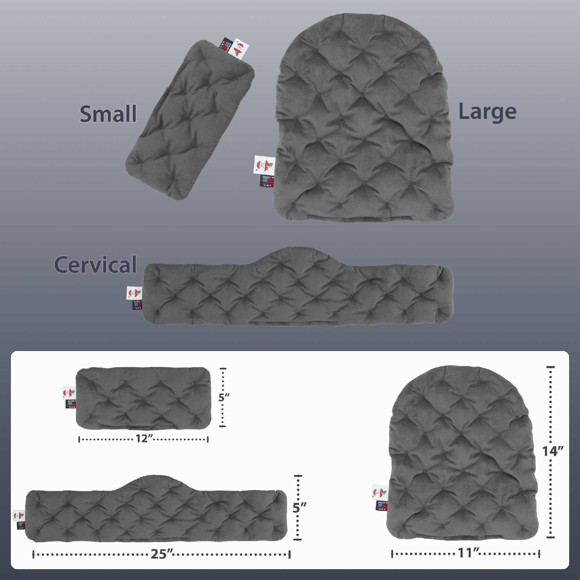 Core Products MicroBeads® moist heat therapy packs shown gray in multiple sizes and shapes: Small, Large, and Cervical. Image includes dimensions—small (5" x 12"), large (14" x 11"), and cervical (5" x 25")—with quilted design for even heat distribution and targeted pain relief for neck, shoulders, and body.
