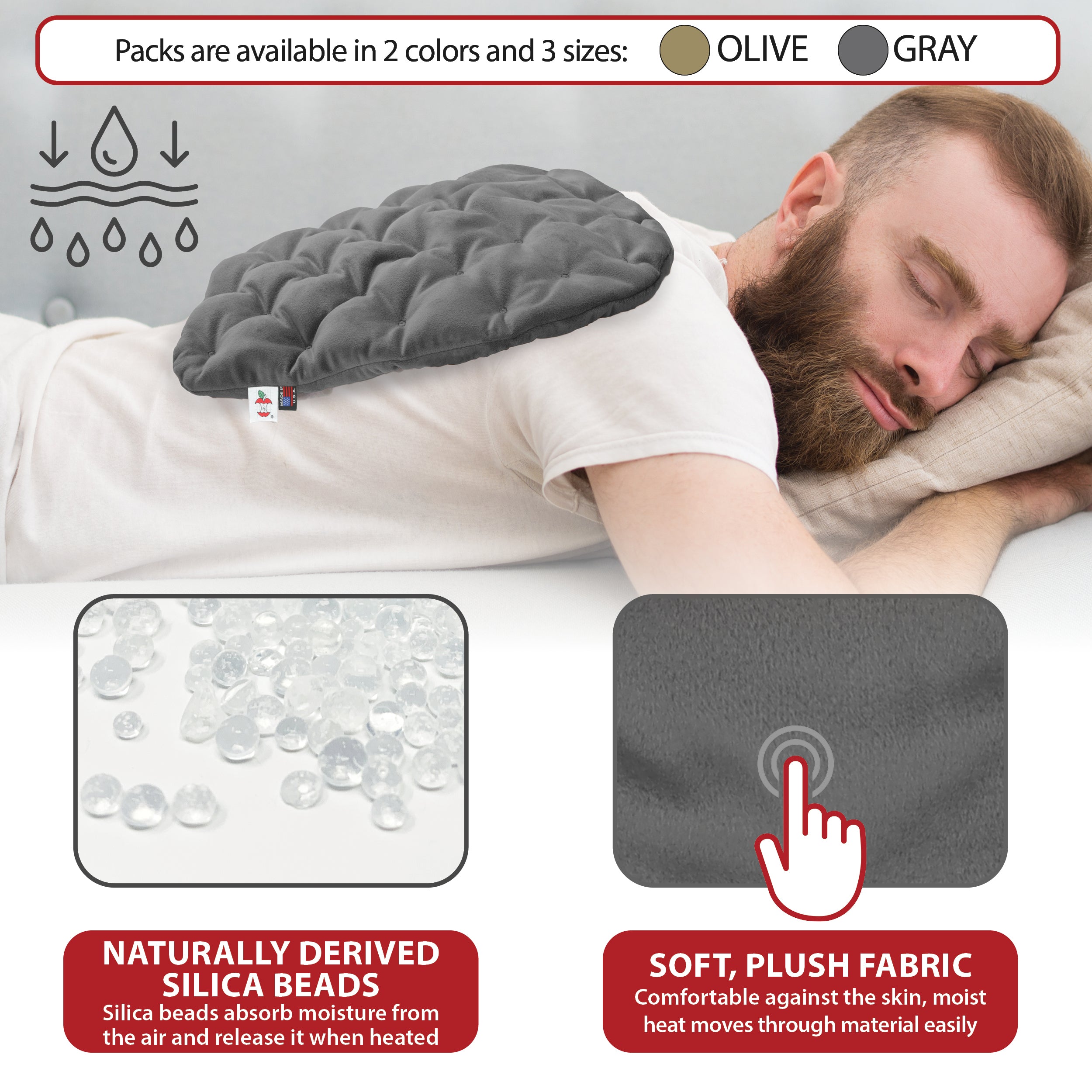 Core Products MicroBeads® moist heat therapy pack in gray shown on a man’s upper back for pain relief. Text reads “Packs are available in 2 colors and 3 sizes: Olive, Gray,” with features “Naturally Derived Silica Beads” and “Soft, Plush Fabric,” highlighting moisture-activated heat therapy and comfortable material for soothing muscle relief.