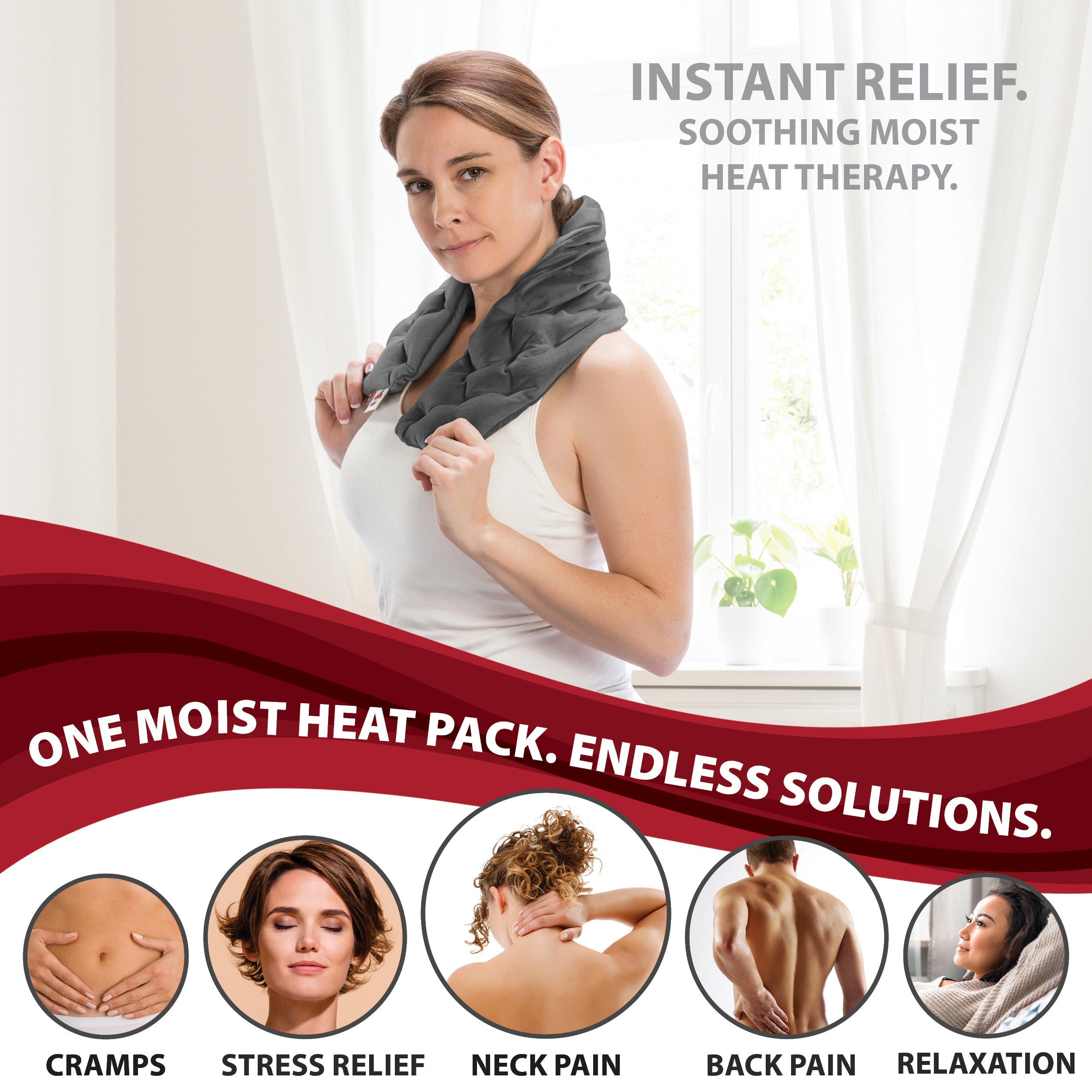 Core Products MicroBeads® moist heat therapy neck wrap shown providing instant relief and comfort. Text reads “Instant Relief. Soothing Moist Heat Therapy.” and “One Moist Heat Pack. Endless Solutions.” Icons highlight uses for cramps, stress relief, neck pain, back pain, and relaxation, emphasizing versatile, soothing heat therapy.