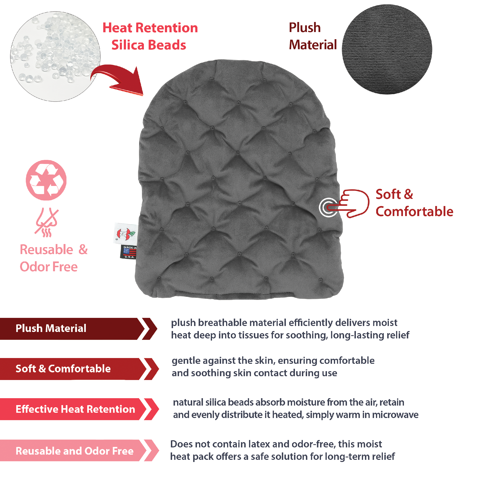 Core Products MicroBeads® Moist Heat Pack in gray featuring a plush, quilted design for consistent heat coverage. Highlights include heat-retaining silica beads, soft breathable fabric, and reusable, odor-free construction. Designed to deliver deep, soothing moist heat therapy while remaining gentle and comfortable against the skin for long-lasting relief.