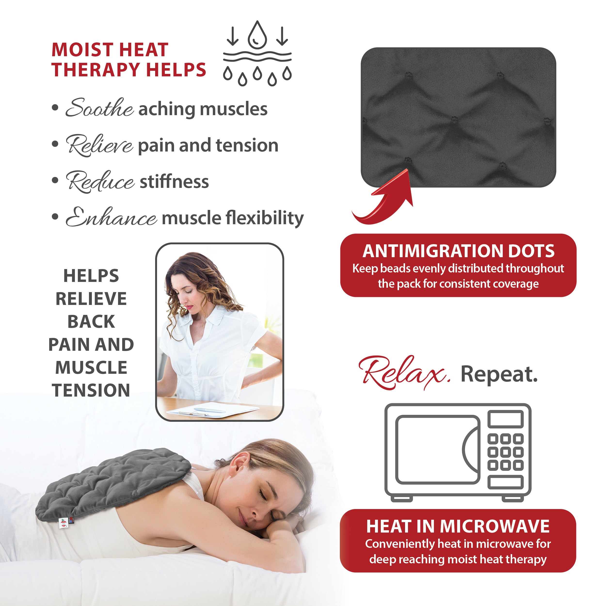 Core Products MicroBeads® Moist Heat Pack in gray designed to deliver soothing, deep moist heat therapy for muscle relief. Helps ease aches, reduce stiffness, relieve tension, and improve flexibility. Features antimigration dots to keep beads evenly distributed for consistent coverage, and is easily heated in the microwave for convenient, repeatable comfort.