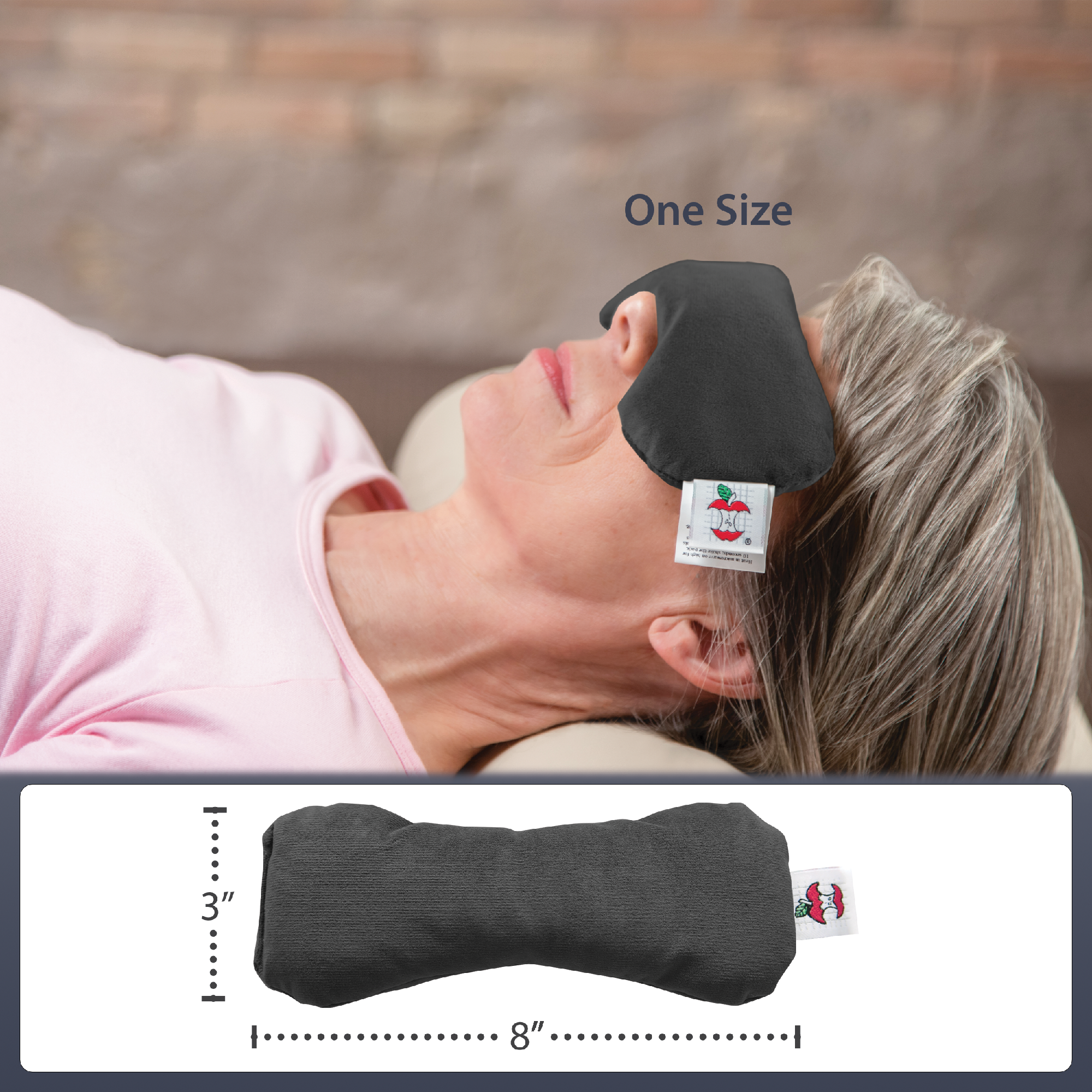 Woman lying down with microbeads pack resting on her closed eyes. One size measures 3" x 8"