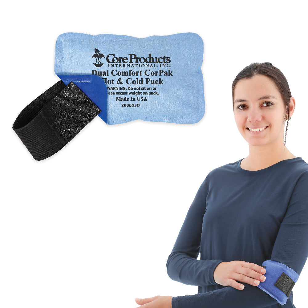 Woman wearing a blue Core Products Dual Comfort CorPak Hot or Cold pack on her wrist.