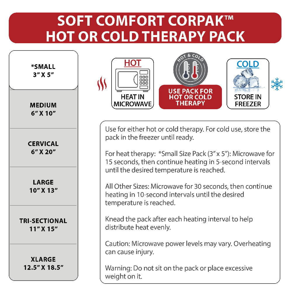 Soft Comfort CorPak™ hot or cold therapy pack instruction graphic showing sizes (Small 3"x5", Medium 6"x10", Cervical 6"x20", Large 10"x13", Tri-Sectional 11"x15", X-Large 12.5"x18.5"), with icons for heating in microwave and storing in freezer. Text explains use for hot or cold therapy, microwave heating times, kneading between intervals, and safety cautions about overheating and weight limits.