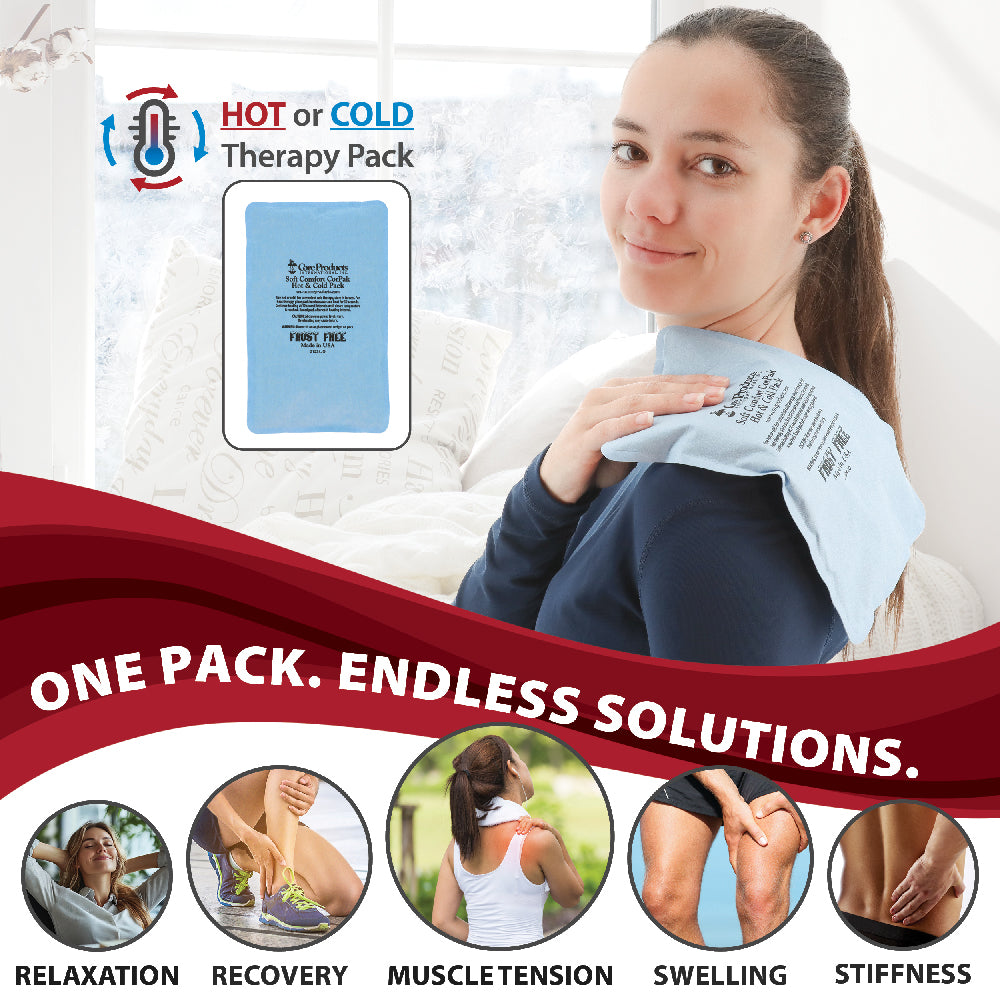 Core Products® Soft Comfort CorPak™ Hot or Cold Therapy Pack shown on a woman’s shoulder for soothing hot and cold therapy relief. Visible text includes “HOT or COLD Therapy Pack” and “ONE PACK. ENDLESS SOLUTIONS.” Bottom icons highlight benefits for relaxation, recovery, muscle tension, swelling, and stiffness. Inset image displays the reusable frost-free therapy pack designed to stay soft and comfortable during treatment.
