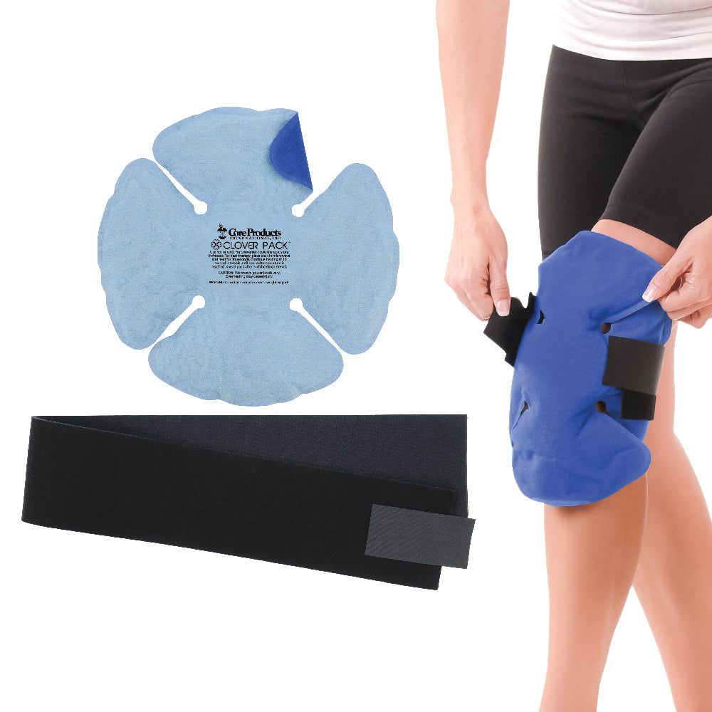 Clover Pack cold therapy pack with a four-lobed, contoured shape shown alongside an adjustable black wrap strap. Image includes a person securing the pack around their knee, demonstrating hands-free use for targeted joint relief.