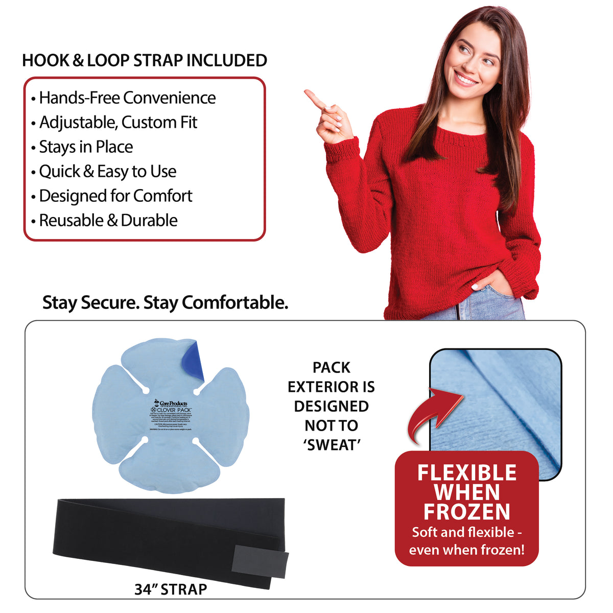 Core Products® Clover Pack Hot & Cold Therapy Pack shown with the included 34-inch hook-and-loop strap for hands-free therapy. Visible text reads: “HOOK & LOOP STRAP INCLUDED” with benefits: “Hands-Free Convenience,” “Adjustable, Custom Fit,” “Stays in Place,” “Quick & Easy to Use,” “Designed for Comfort,” and “Reusable & Durable.” Additional text includes “Stay Secure. Stay Comfortable.,” “PACK EXTERIOR IS DESIGNED NOT TO ‘SWEAT’,” and “FLEXIBLE WHEN FROZEN – Soft and flexible even when frozen!”