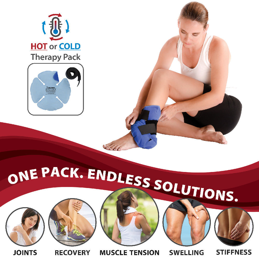 Core Products® Clover Pack Hot or Cold Therapy Pack shown with a model using the blue therapy pack and adjustable strap on her ankle for hands-free treatment. An inset displays the Clover Pack with its strap beneath the text “HOT or COLD Therapy Pack.” Visible text reads: “ONE PACK. ENDLESS SOLUTIONS.” Icons highlight common uses: “JOINTS,” “RECOVERY,” “MUSCLE TENSION,” “SWELLING,” and “STIFFNESS.” Ideal for reusable hot and cold therapy to help relieve pain and inflammation.