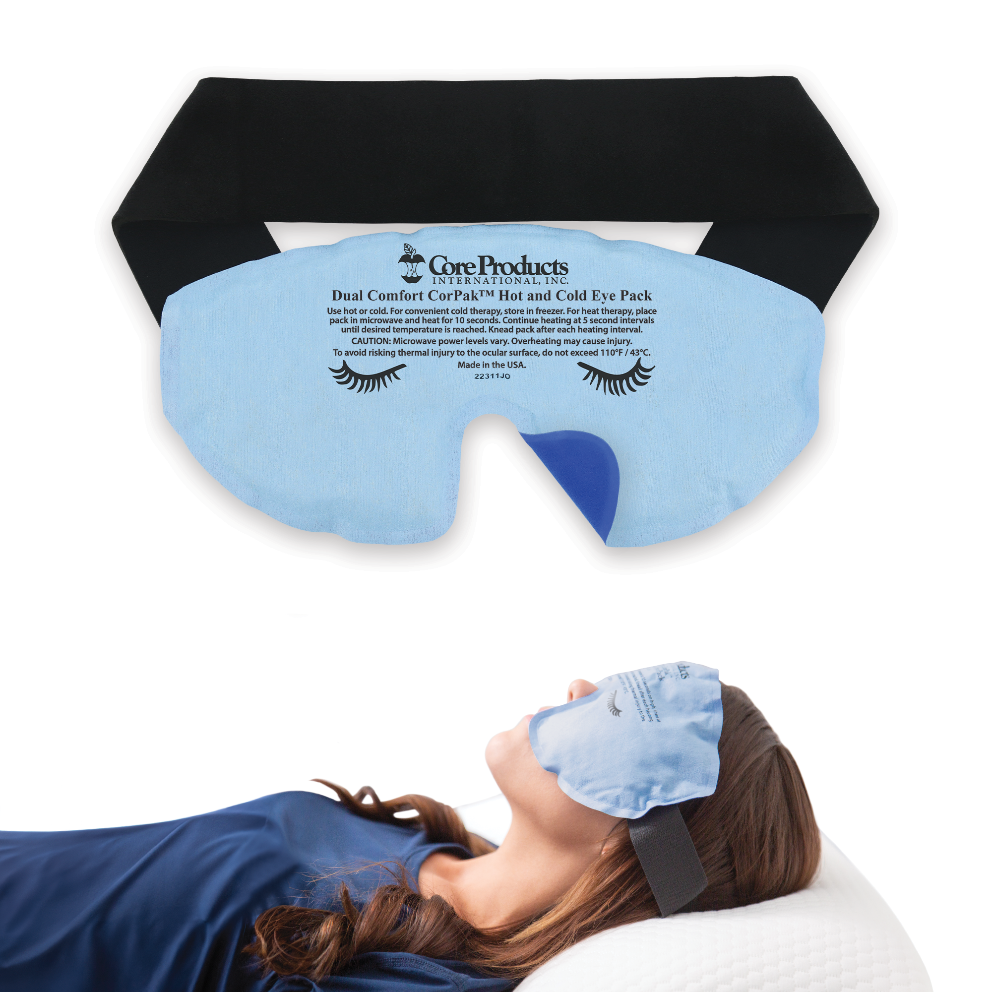 Dual-comfort hot and cold eye mask with adjustable black strap shown above, and below a person lying on a pillow wearing the mask over their eyes. The reusable pack is designed for soothing eye relief and relaxation.