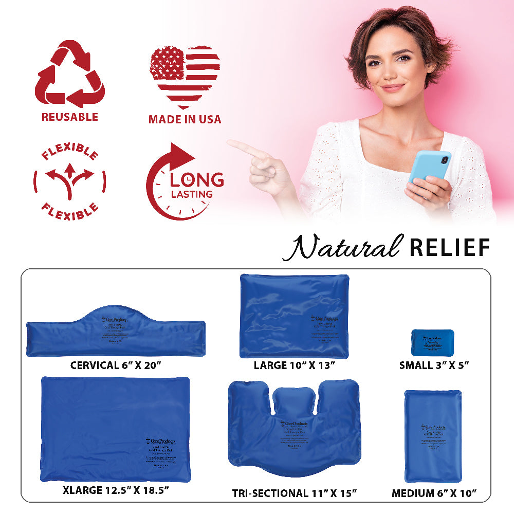 Core Products® Vinyl CorPak® Cold Therapy Pack collection infographic featuring multiple sizes and shapes. Text highlights “Reusable,” “Made in USA,” “Flexible,” and “Long Lasting,” with “Natural RELIEF.” Sizes shown include Cervical 6” x 20”, Large 10” x 13”, Small 3” x 5”, XLarge 12.5” x 18.5”, Tri-Sectional 11” x 15”, and Medium 6” x 10”, designed for targeted cold therapy relief.
