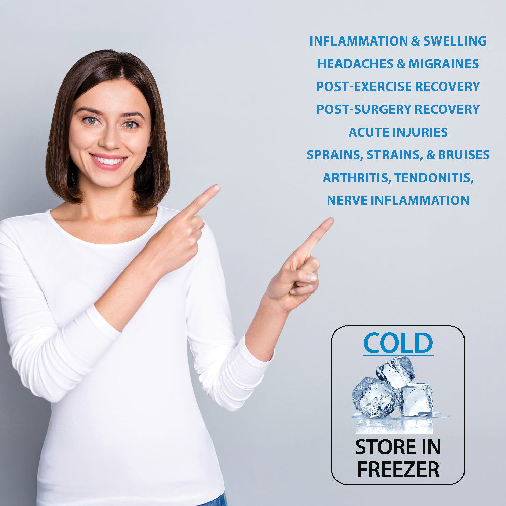 Promotional graphic for cold therapy use featuring a woman pointing to a list of common conditions. Text highlights benefits for: inflammation & swelling, headaches & migraines, post-exercise recovery, post-surgery recovery, acute injuries, sprains/strains & bruising, arthritis, tendonitis, and nerve inflammation. Includes “COLD – Store in Freezer” with ice cube visual, reinforcing easy at-home use.