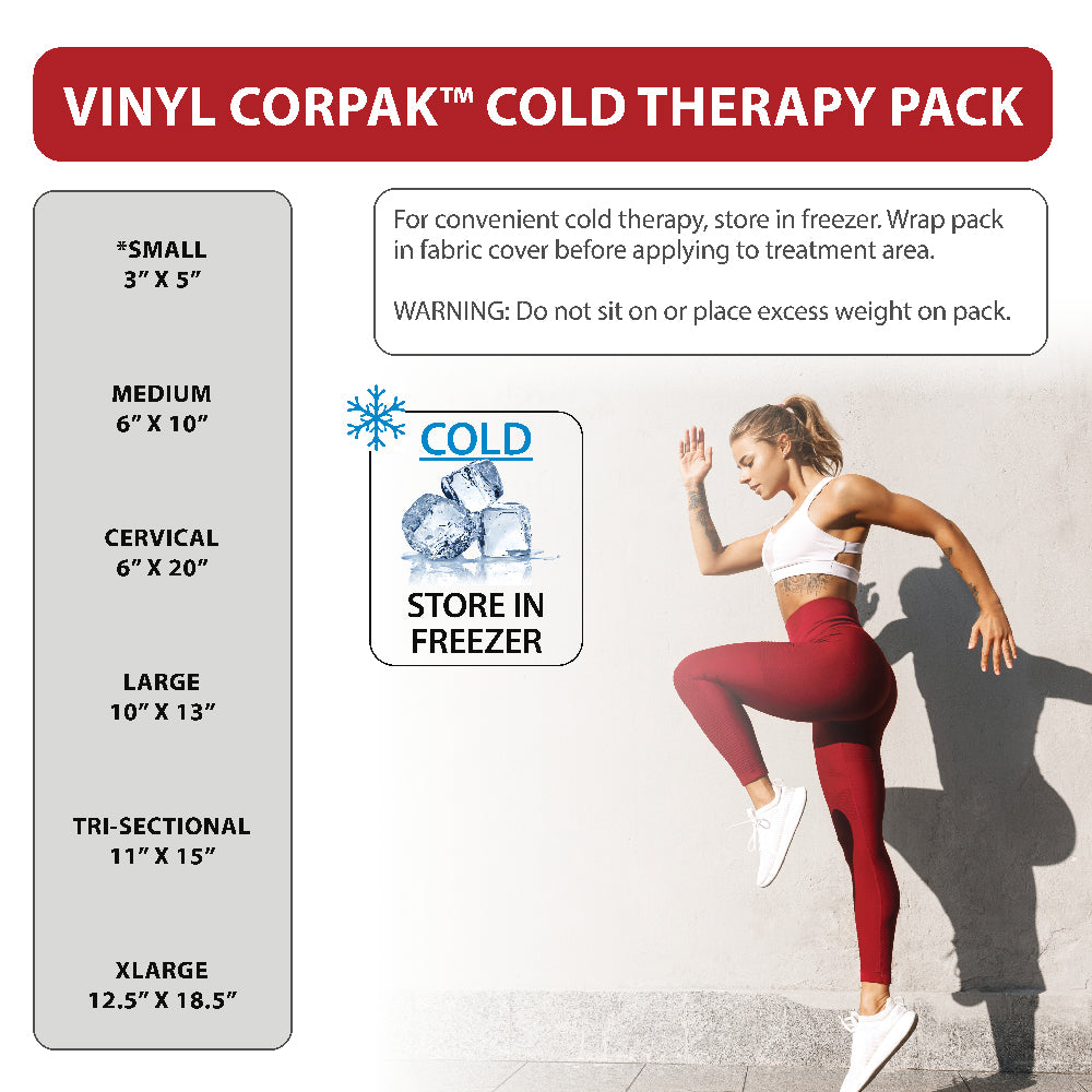 Product information graphic for the Vinyl CorPak™ Cold Therapy Pack. Includes size options: Small (3” x 5”), Medium (6” x 10”), Cervical (6” x 20”), Large (10” x 13”), Tri-Sectional (11” x 15”), and XLarge (12.5” x 18.5”). Instructions note to store in the freezer for cold therapy and wrap in a fabric cover before applying. Warning advises not to sit on or place excess weight on the pack. Visual includes “COLD – Store in Freezer” and an active lifestyle image to emphasize recovery and performance support.