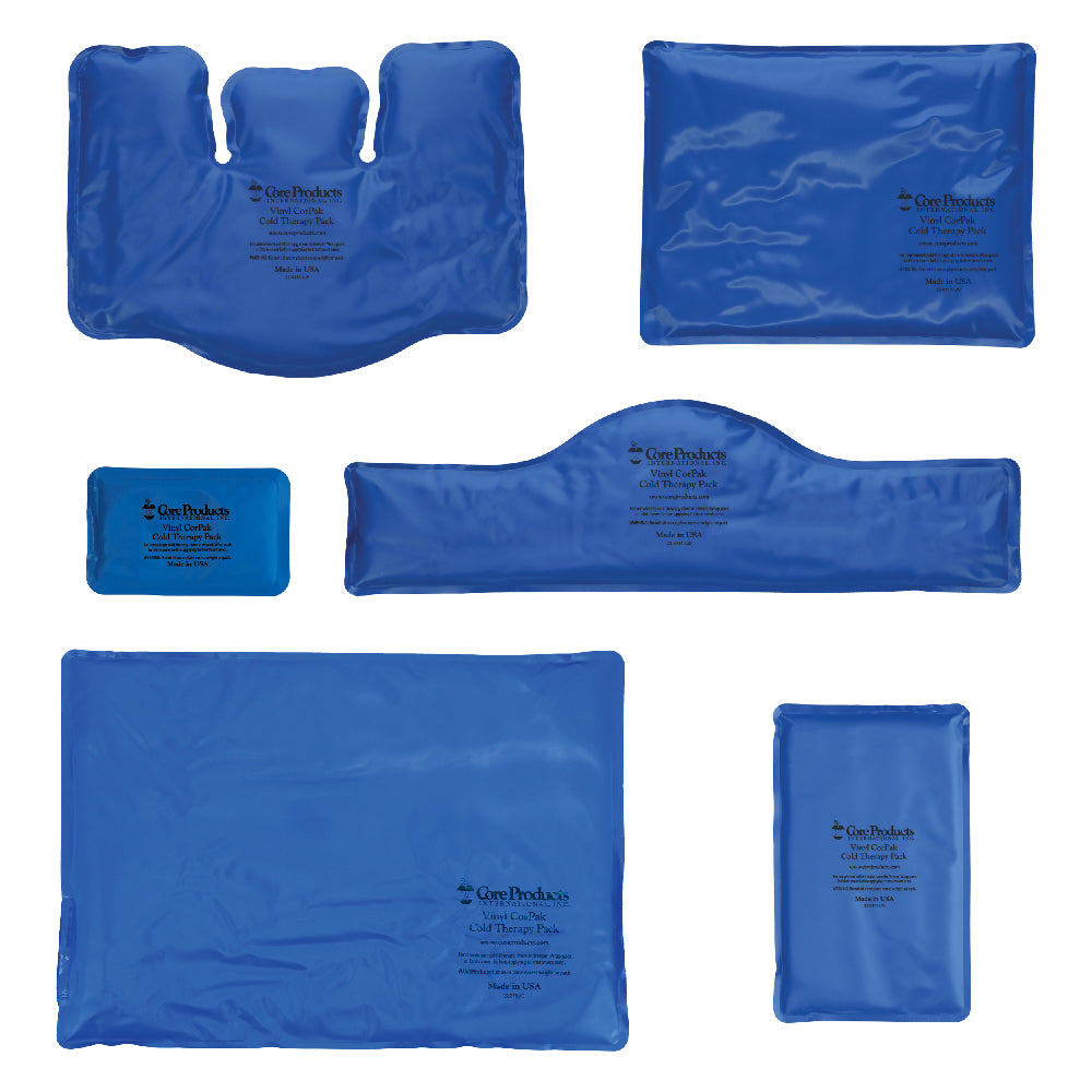 Core Products® Vinyl CorPak® Cold Therapy Pack assortment in blue, showing multiple sizes and shapes including rectangular, cervical, and contoured designs. Each pack features printed text “Core Products International, Inc Vinyl CorPak Cold Therapy Pack Made in USA.” Designed for flexible, targeted cold therapy to help reduce pain, swelling, and inflammation across various body areas.