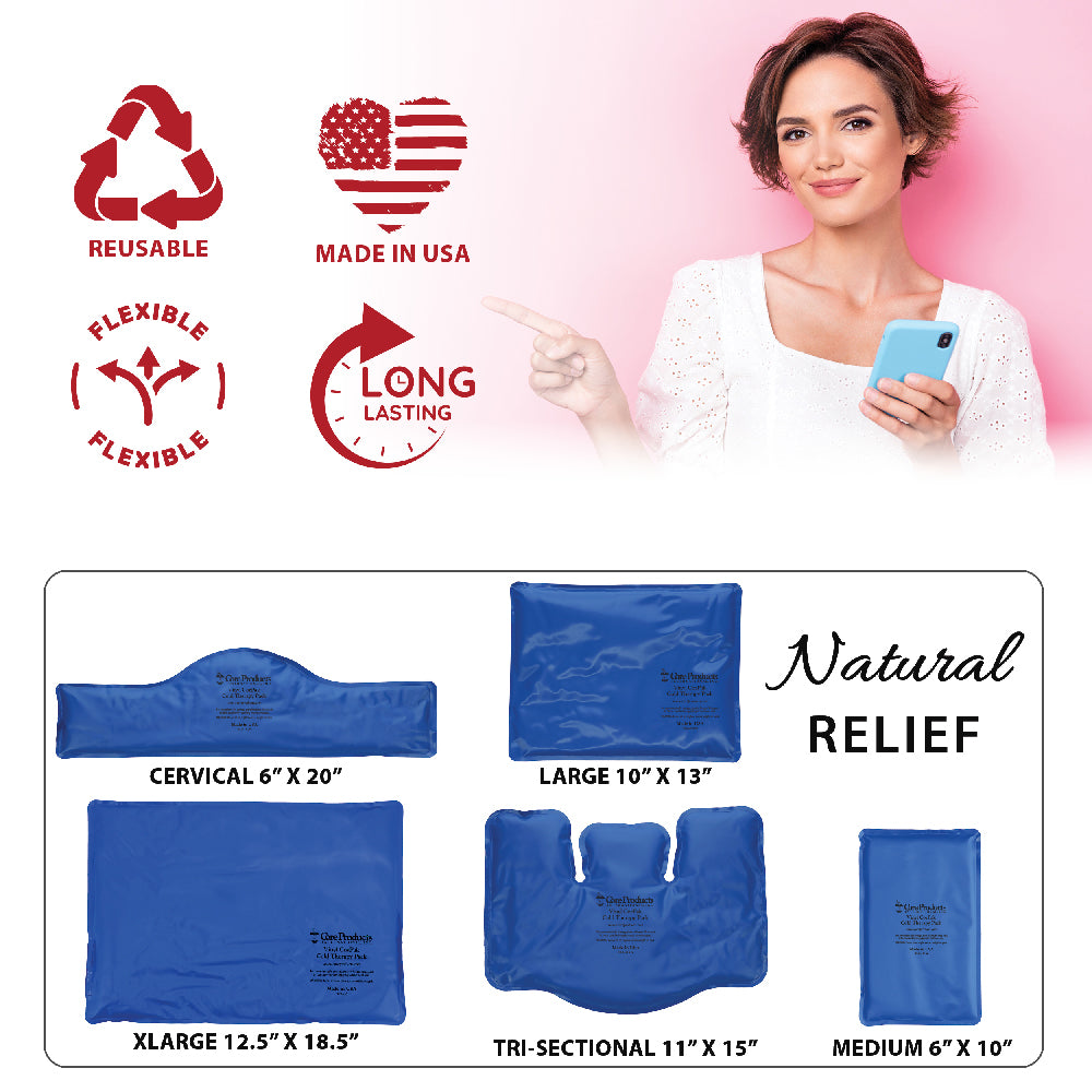 Core Products® Vinyl CorPak® Cold Therapy Pack collection infographic featuring multiple sizes and shapes. Text highlights “Reusable,” “Made in USA,” “Flexible,” and “Long Lasting,” with “Natural RELIEF.” Sizes shown include Cervical 6” x 20”, Large 10” x 13”, Small 3” x 5”, XLarge 12.5” x 18.5”, Tri-Sectional 11” x 15”, and Medium 6” x 10”, designed for targeted cold therapy relief.