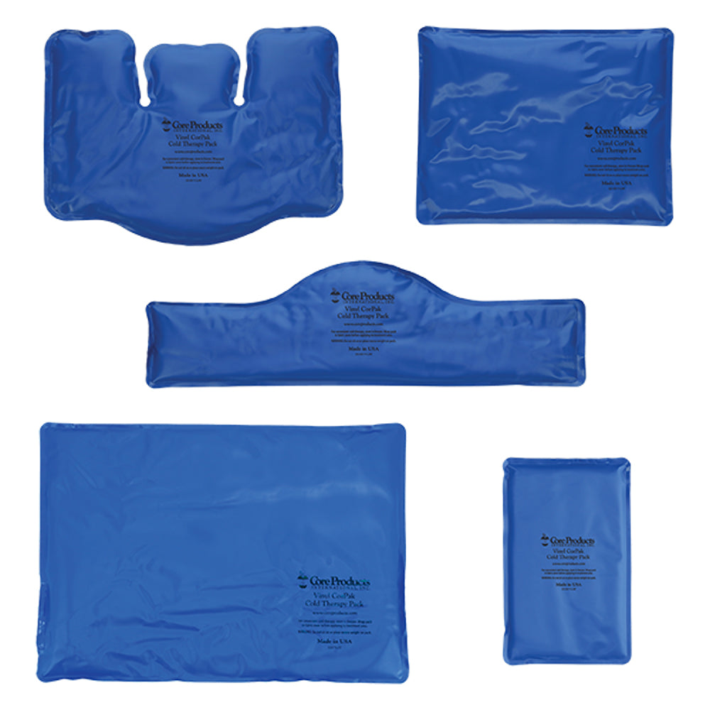 Core Products® Vinyl CorPak® Cold Therapy Pack assortment in blue, showing multiple sizes and shapes including rectangular, cervical, and contoured designs. Each pack features printed text “Core Products International, Inc Vinyl CorPak Cold Therapy Pack Made in USA.” Designed for flexible, targeted cold therapy to help reduce pain, swelling, and inflammation across various body areas.