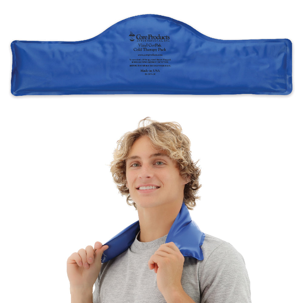 Core Products® Vinyl CorPak® Cervical Cold Therapy Pack, contoured for the neck and shoulder area. The long, flexible design comfortably wraps around the cervical region, providing targeted cold therapy to help relieve pain, stiffness, and inflammation. Durable vinyl construction stays pliable when frozen for a comfortable, secure fit.