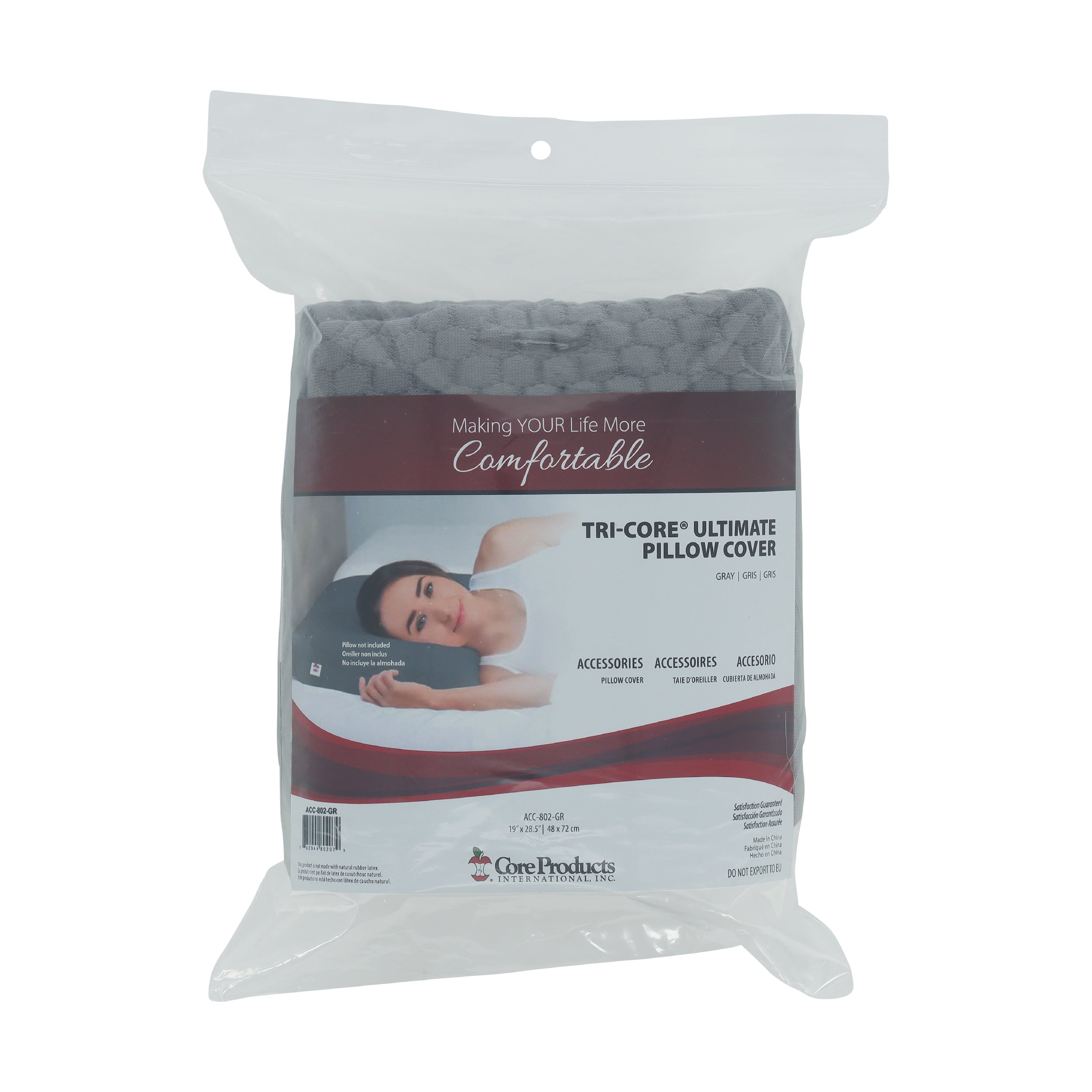 Packaged Core Products® Tri-Core® Ultimate Pillow Cover displayed in a clear retail bag with branded insert. Visible text includes “Making YOUR Life More Comfortable,” “TRI-CORE® ULTIMATE PILLOW COVER,” and “Accessories.” The gray textured pillow cover is shown above a photo of a woman resting on a pillow, highlighting this replacement cover accessory for the Tri-Core Ultimate Cervical Support Pillow.