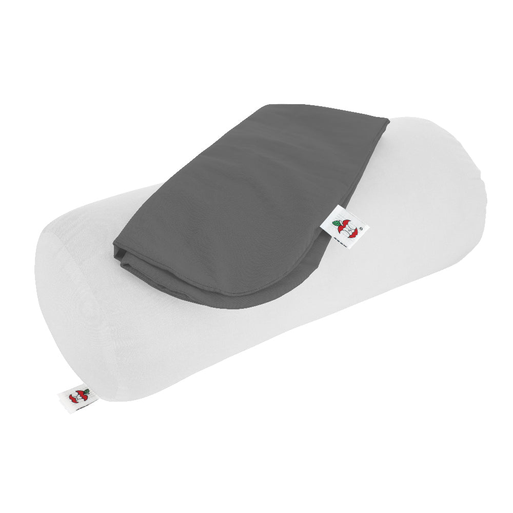 Core Products gray pillowcase designed to fit the Jackson Roll Positioning Pillow, shown folded with a soft, smooth fabric finish and laying over the Jackson Roll Pillow. The case provides a clean, protective cover for the Jackson Roll and features a visible tag with the Core Products apple logo for brand identification.