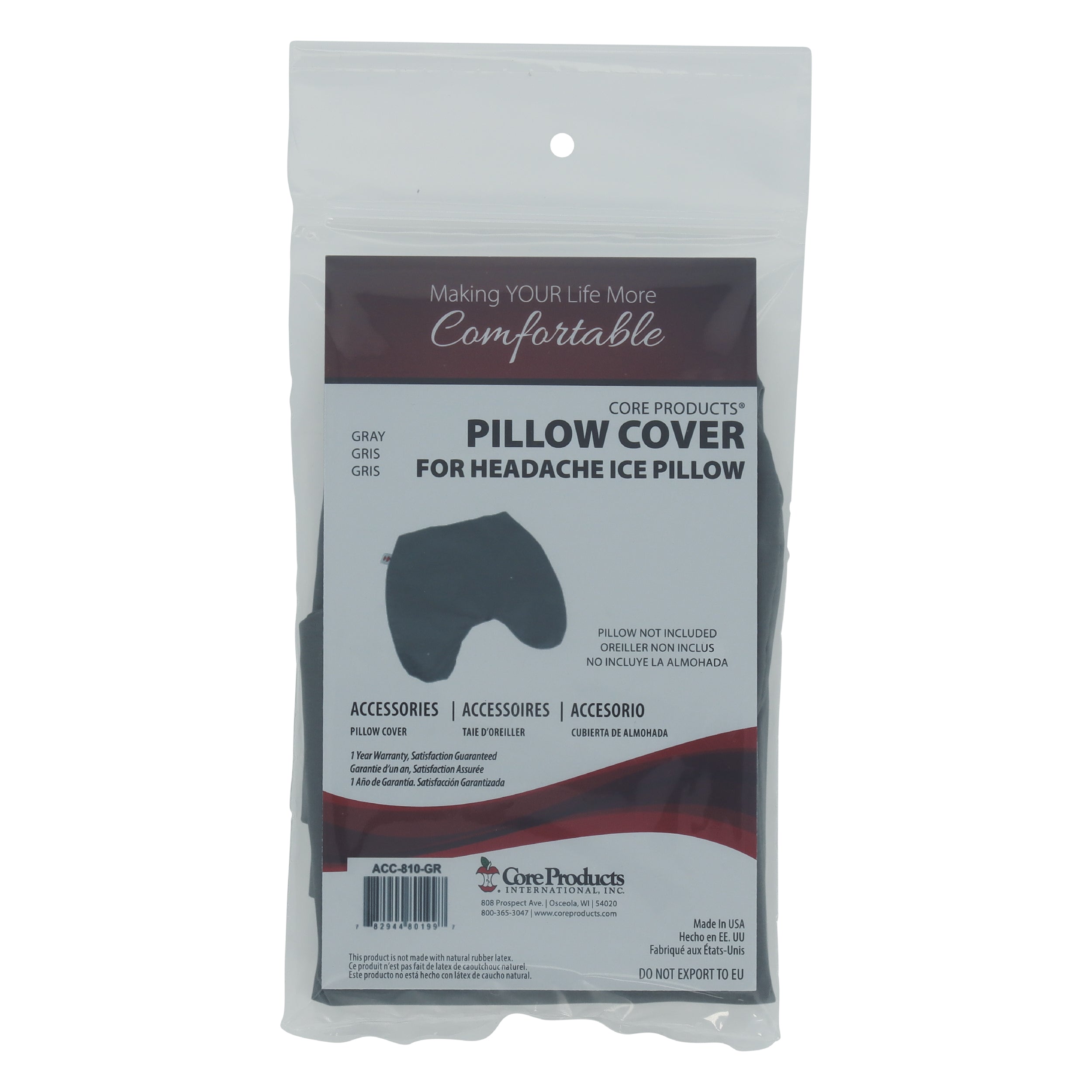 Packaged Core Products® Pillow Cover for Headache Ice Pillow in gray, displayed in a clear retail bag with branded insert. Visible text includes “Making YOUR Life More Comfortable,” “PILLOW COVER FOR HEADACHE ICE PILLOW,” “Accessories,” and “Pillow Not Included.” The packaging shows a gray replacement cover designed for the Core Products Headache Ice Pillow, providing a soft, washable accessory for added comfort.