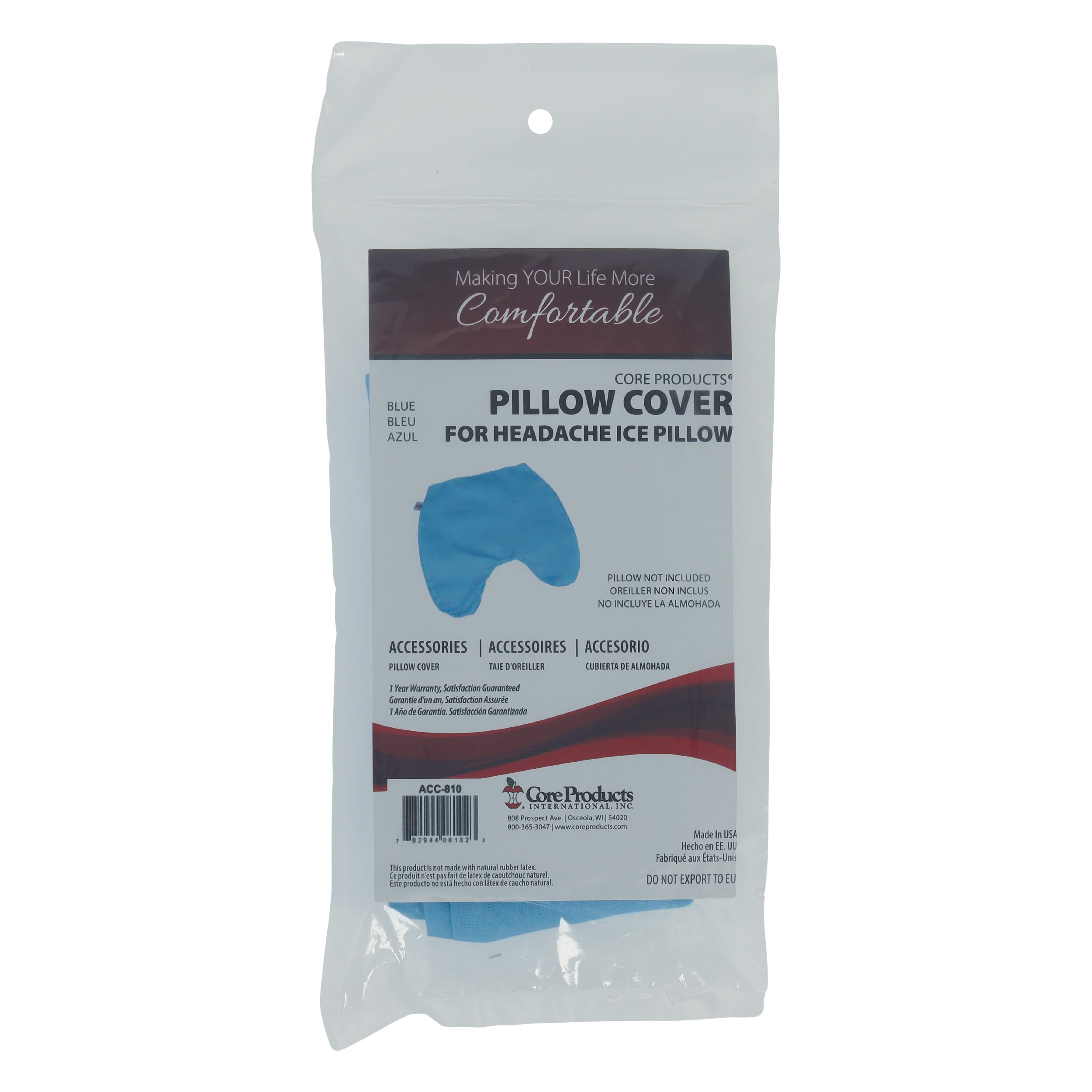 Packaged Core Products® Pillow Cover for Headache Ice Pillow in blue, displayed in a clear retail bag with branded insert. Visible text includes “Making YOUR Life More Comfortable,” “PILLOW COVER FOR HEADACHE ICE PILLOW,” “Accessories,” and “Pillow Not Included.” The packaging shows a blue replacement cover designed for the Core Products Headache Ice Pillow, providing a soft, washable accessory for added comfort.