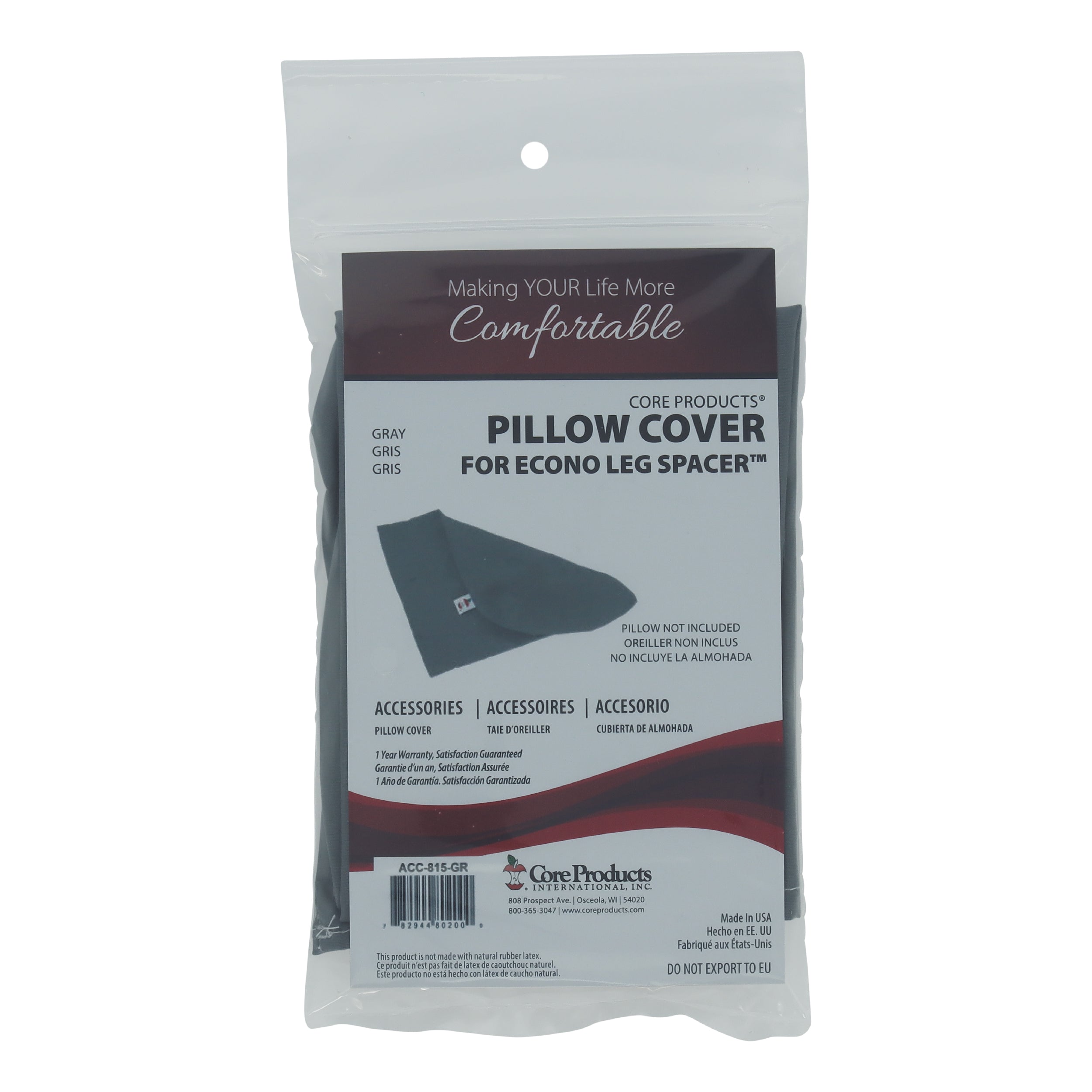 Packaged Core Products® Econo Leg Spacer® Pillow Case displayed in a clear retail bag with a product insert. Visible text includes “Core Products International, Inc.,” “ECONO LEG SPACER® PILLOW CASE,” “For use with the Econo Leg Spacer®,” “Cotton/poly construction,” “Washable,” and “One Case.” The gray replacement pillowcase is shown folded inside the package for the Econo Leg Spacer Pillow.