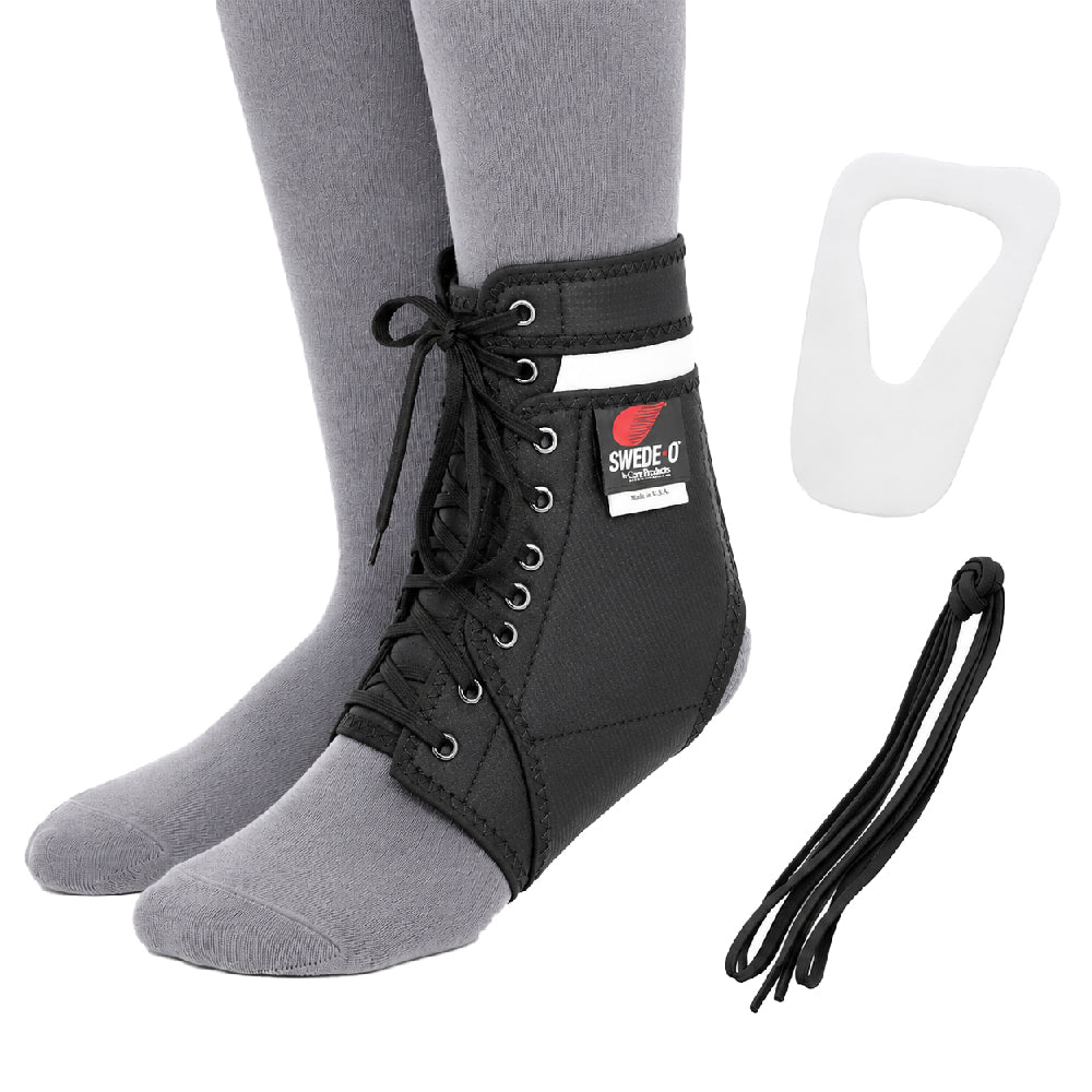 Swede-O® Ankle Lok® Ankle Brace (AKL-6331) shown in black, worn over a sock with a lace-up design and removable side stabilizer. The image highlights the brace’s supportive construction and includes separate views of the removable stabilizer insert and replacement lace. Swede-O branding is visible on the brace. Designed to provide ankle stability, protection, and support for sports, injury prevention, and everyday activity.