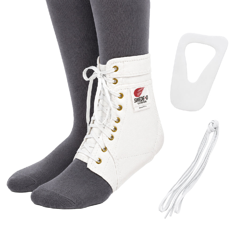 Swede-O® Ankle Lok® Ankle Brace (AKL-6331) shown in White, worn over a sock with a lace-up design and removable side stabilizer. The image highlights the brace’s supportive construction and includes separate views of the removable stabilizer insert and replacement lace. Swede-O branding is visible on the brace. Designed to provide ankle stability, protection, and support for sports, injury prevention, and everyday activity.