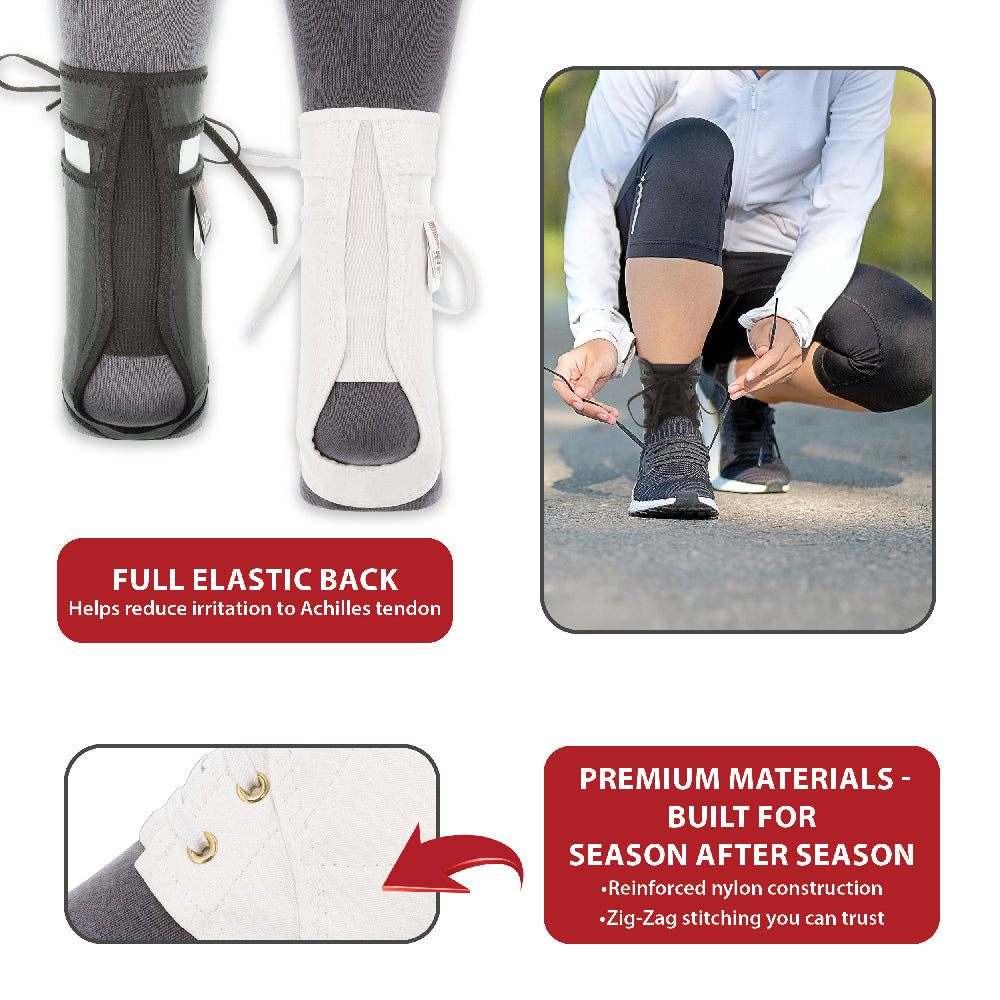 Swede-O Ankle Lok Brace (AKL-6331) infographic highlighting comfort and durability features. The black and white ankle braces are shown from the rear, displaying a full elastic back designed to help reduce irritation to the Achilles tendon. A runner is shown tying shoes while wearing the brace. Visible text includes “FULL ELASTIC BACK Helps reduce irritation to Achilles tendon” and “PREMIUM MATERIALS – BUILT FOR SEASON AFTER SEASON,” with reinforced nylon construction and durable zig-zag stitching.