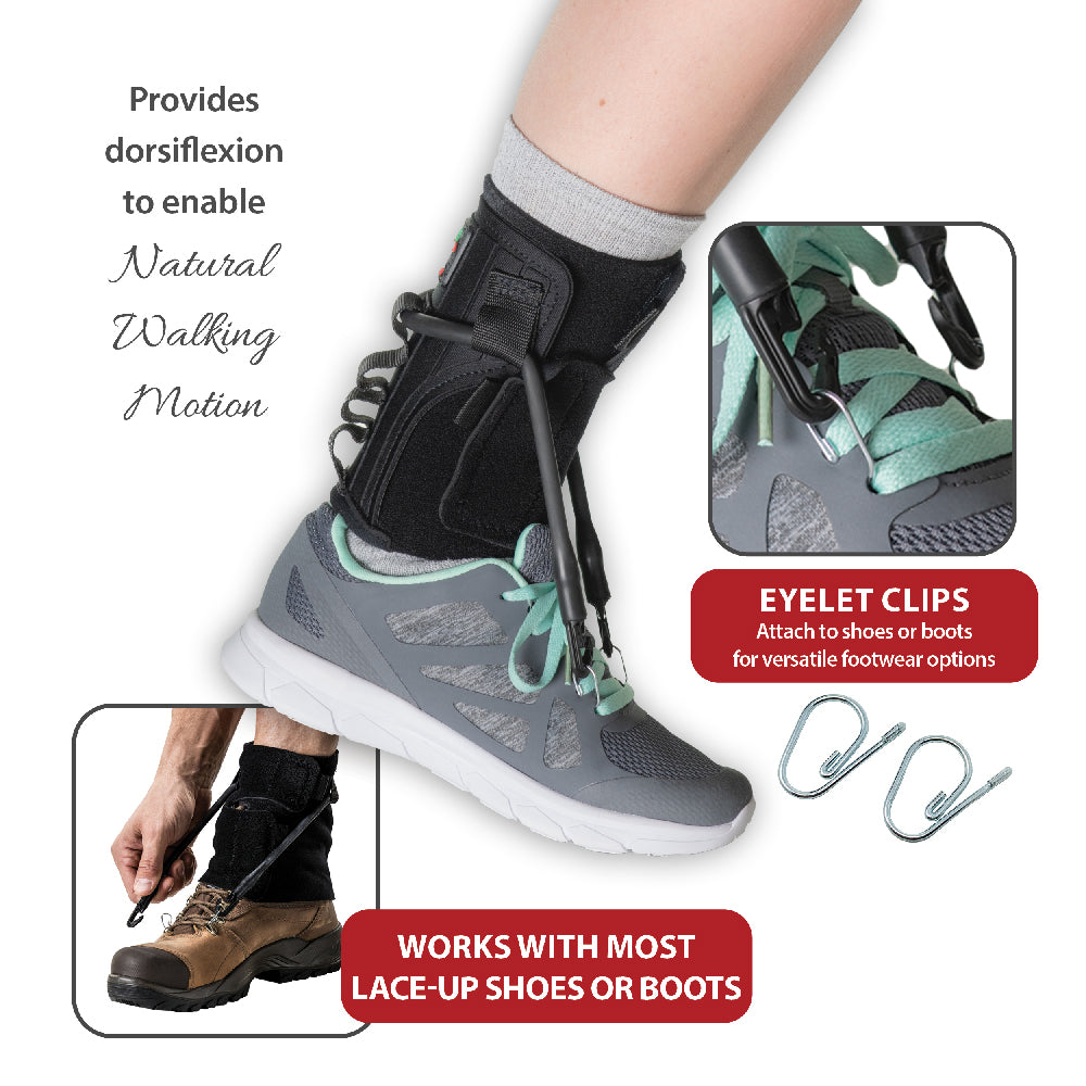 Close-up view of the FootFlexor Ankle Foot Orthosis worn with a lace-up athletic shoe. The image highlights how the brace provides dorsiflexion assistance to support a more natural walking motion. Insets show the eyelet clips that attach to shoe or boot laces, allowing compatibility with various footwear styles, including athletic shoes and work boots. Text notes that the system works with most lace-up shoes or boots, offering adjustable foot-lift support for individuals with foot drop.