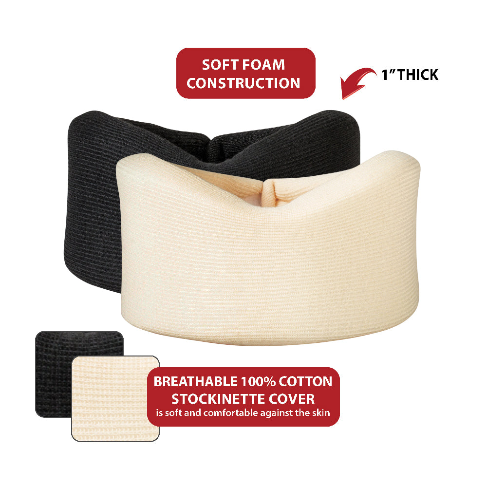 Foam cervical collars shown in beige and black with soft foam construction and a 1-inch thick profile. Text highlights the breathable 100% cotton stockinette cover, designed to feel soft and comfortable against the skin while providing gentle neck support.